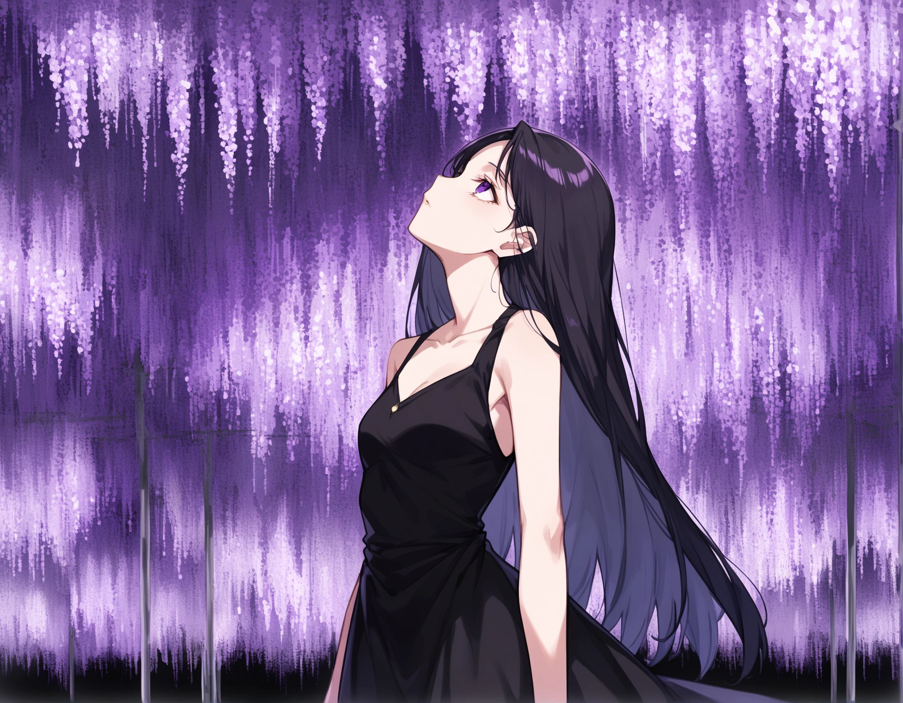 score_9, score_8_up, score_7_up, souce_anime, BREAK masterpiece, best quality, very aesthetic, absurdres, 1girl, girl standing and looking up, cowboy shot, black dress, silk dress, long black hair, sleeveless, perfect eyes, <lora:ashikaga_flower_park_ponyDiffusionV6XL_v6_Lion_3000_v1.02:1>, purple fuji flower, illuminated,