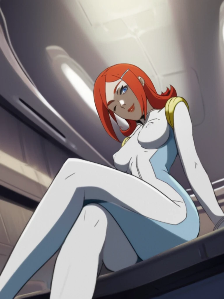 score_9,score_8_up,score_8,source_anime, beautiful, cute, adoresexy, petite, narrow waist,
arched back, puffy nipples, sitting, 
crossed legs, naughty face, light smile, head tilt, one eye closed, 
from below, 
spacecraft, interior, 
 <lora:xl_more_art-full_v1:0.45>,
 <lora:Laureline_Time_Jam_-_CH.Memories:1>, 1girl,  laureline, red hair, hair ornament, short hair, blue eyes, lipstick, bodysuit,