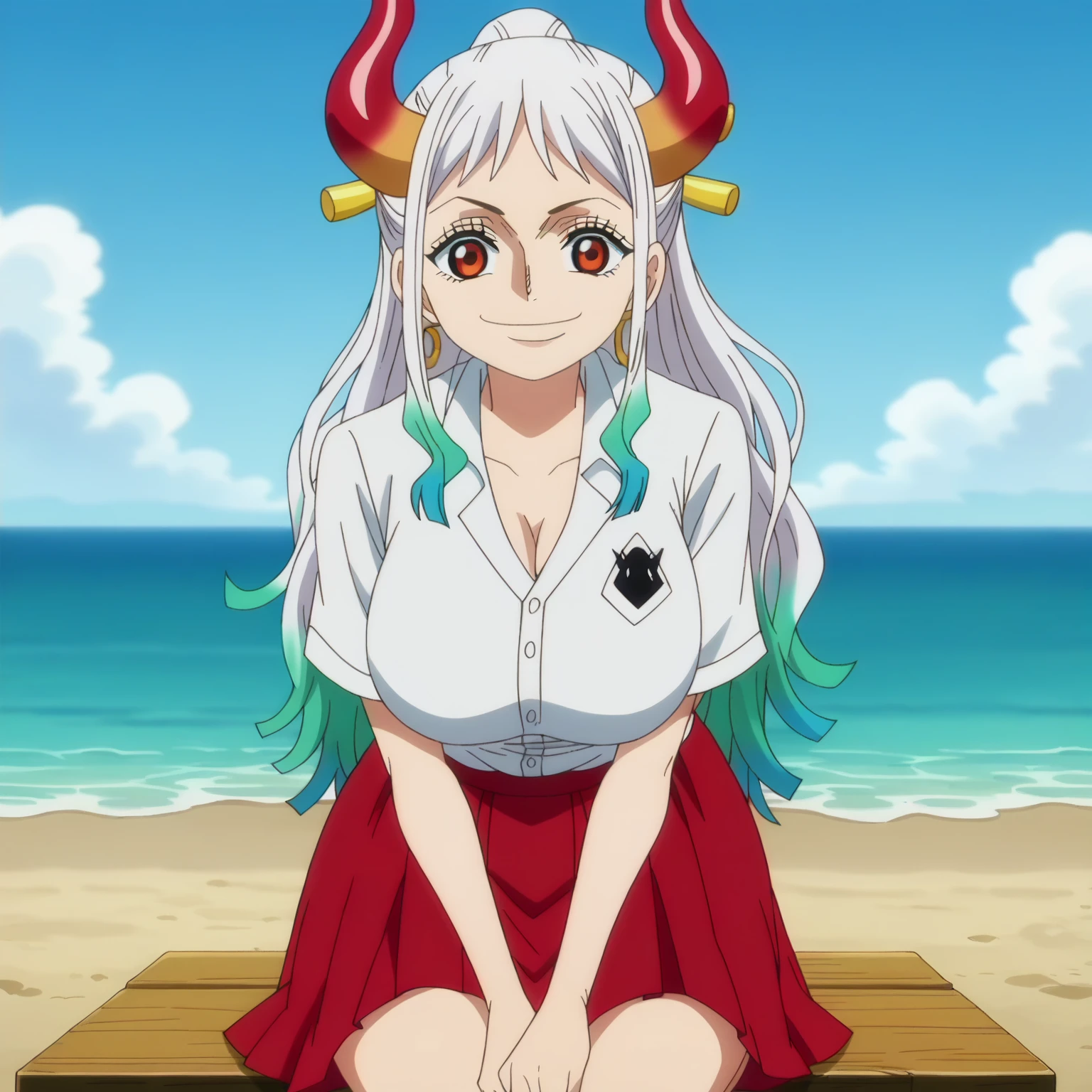 YamYam, 1girl, orange_eyes, looking at viewer, long hair, white hair, aqua_hair, two-tone_hair, red horns, smile, closed mouth, white shirt, huge breasts, red skirt, sitting, beach, ocean, sky, water, anime screencap, anime, anime coloring, anime screencap, anime screencap <lora:Yamato:0.8>