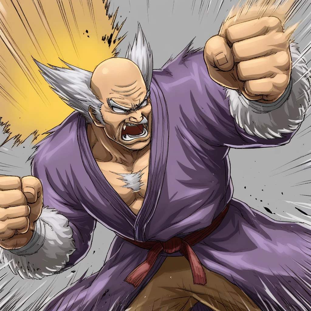 1boy, heihachi, old man, manly, punching, wearing purple coat with fur trim,