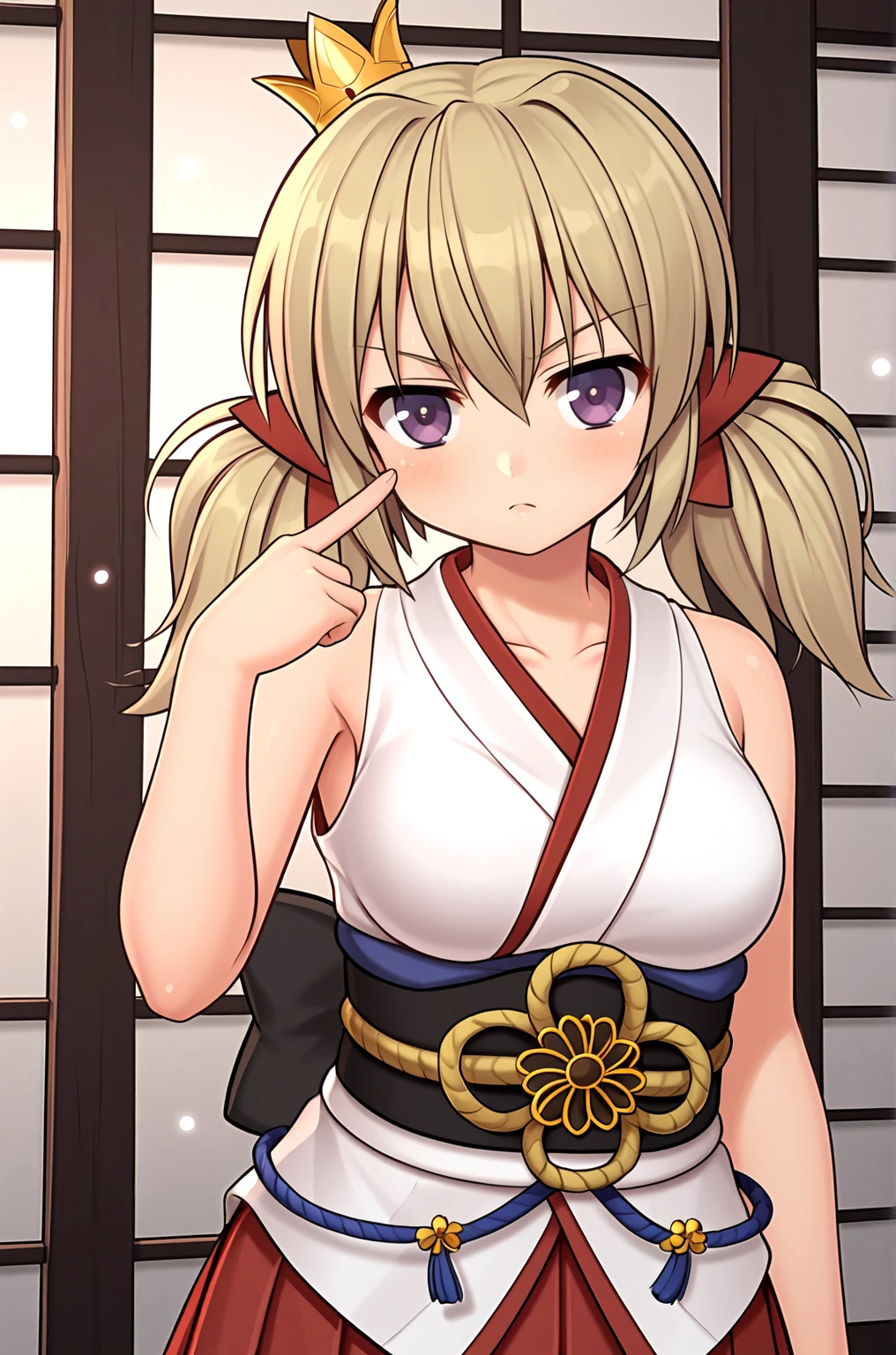 anime artwork, score_9, score_8_up, score_7_up, source_anime, BREAK, thick outline, fat outline,
Kafuru_XL, purple eyes, blonde hair, twintails, mini crown, BREAK, Kafuru_Shrine, red bows, shrine clothes, japanese clothes, miko clothes, white kimono up, bare shoulders, sleeveless, obi, sash, hakama skirt, red skirt, BREAK, outdoors, upper body, (pissed off:1.3), points with finger, pointing at viewer, muted colors, subtle shadow play, mood lighting, cinematic lighting, dust particles, grainy film, sharp details,
<lora:Kafuru_XL:0.7>
<lora:PersonalAmi_PonyXL:0.5>