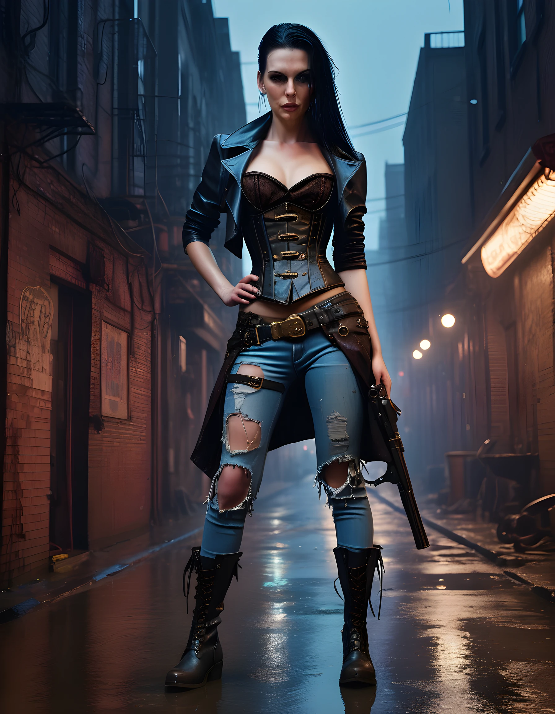 In a gritty, rain-drenched urban alleyway under the dim, neon glow of a distant cityscape, S0PH13L, a woman with her long, black hair slicked back against her wet face and brown tendrils framing her determined expression, stands defiantly in a vibrant, asymmetrical outfit that combines the traditional elegance of a Victorian corset with the edgy modernity of ripped jeans and combat boots. Her piercing eyes, filled with determination, lock onto the viewer as she raises a steampunk-inspired revolver, its polished metal gleaming in the dim light, in a bold and confrontational cowboy shot that exudes both strength and vulnerability, capturing the essence of a lone heroine standing against the harsh realities of a dystopian metropolis.