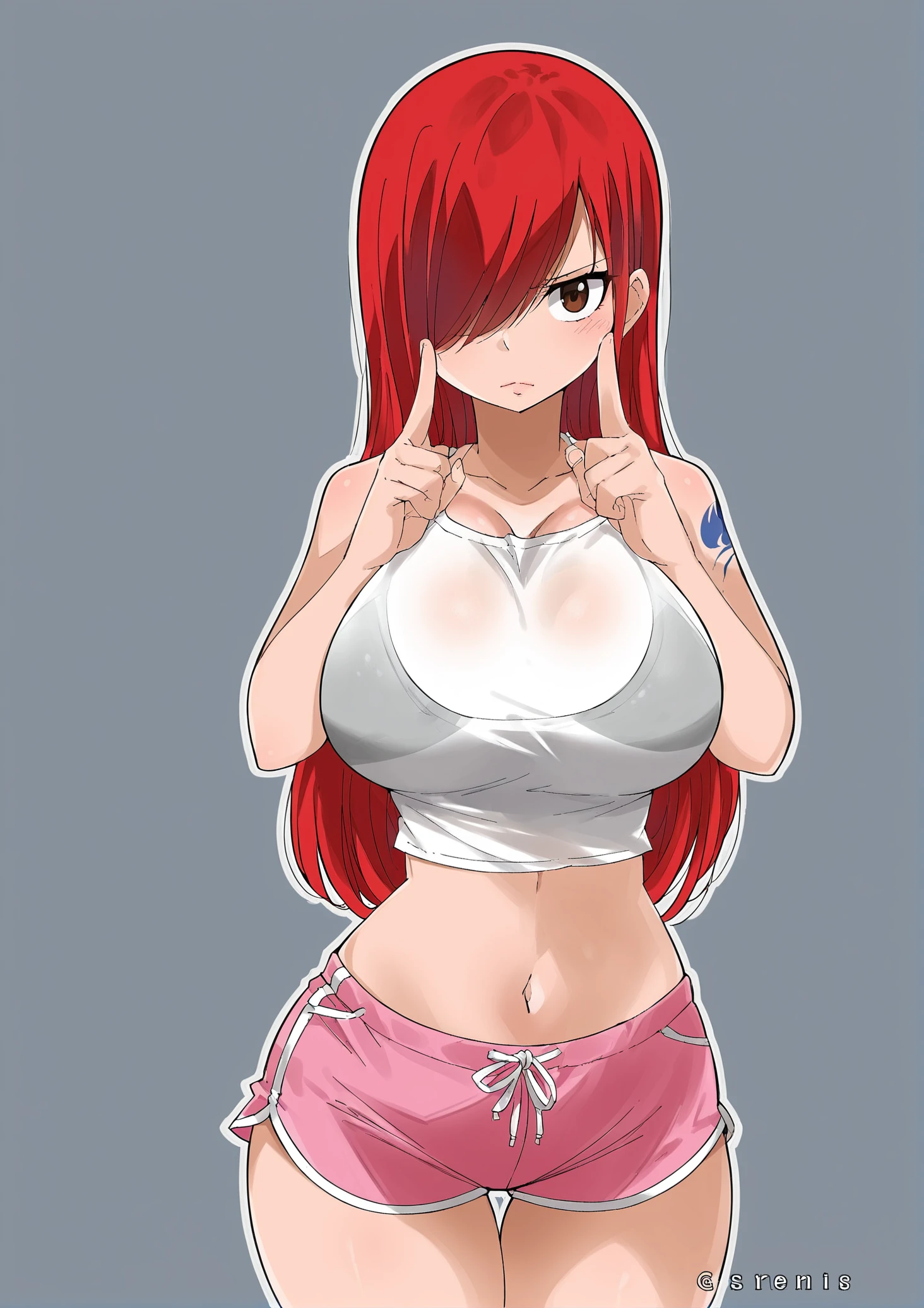 score_9, score_8_up, score_7_up, score_6_up, score_5_up, score_4_up, 2d, anime, anime artstyle, simple shadows, flat coloring, flat shadows, thick lines, white outline, expressive, high definition face, high definition eyes, <lora:Erza_Scarlet_Fairy_Tail_-_Gaston18_artist_style:0.9> gastonerza, 1girl, solo, long hair, breasts, looking at viewer, blush, bangs, large breasts, shirt, navel, bare shoulders, brown eyes, closed mouth, standing, collarbone, white shirt, red hair, cowboy shot, shorts, midriff, hair over one eye, crop top, see-through, short shorts, tattoo, thigh gap, arm tattoo, shoulder tattoo, dolphin shorts, pink shorts, index fingers together BREAK source_anime