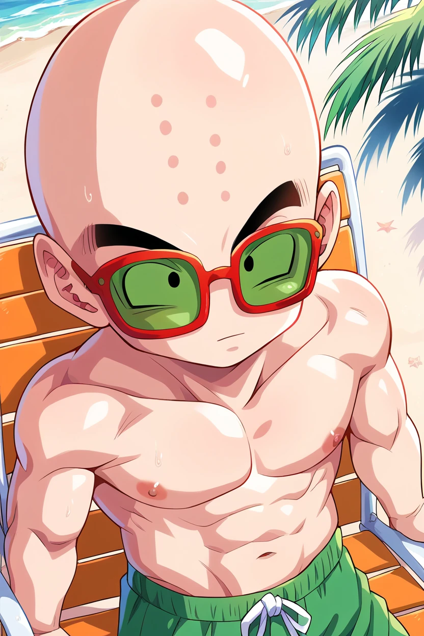 score_9, score_8_up, score_7_up,kuririn,1boy,solo,upper body,beach chair,lying, on chair, bald, red-framed eyewear,green-tinted eyewear,bald,no sclera, no nose, green swim trunks,  beach, ocean, palm tree, (from side:0.8),relaxing,topless,from above,sunglasses, arms at sides,black eyes,cowboy shot,   <lora:KrillinPony:1>