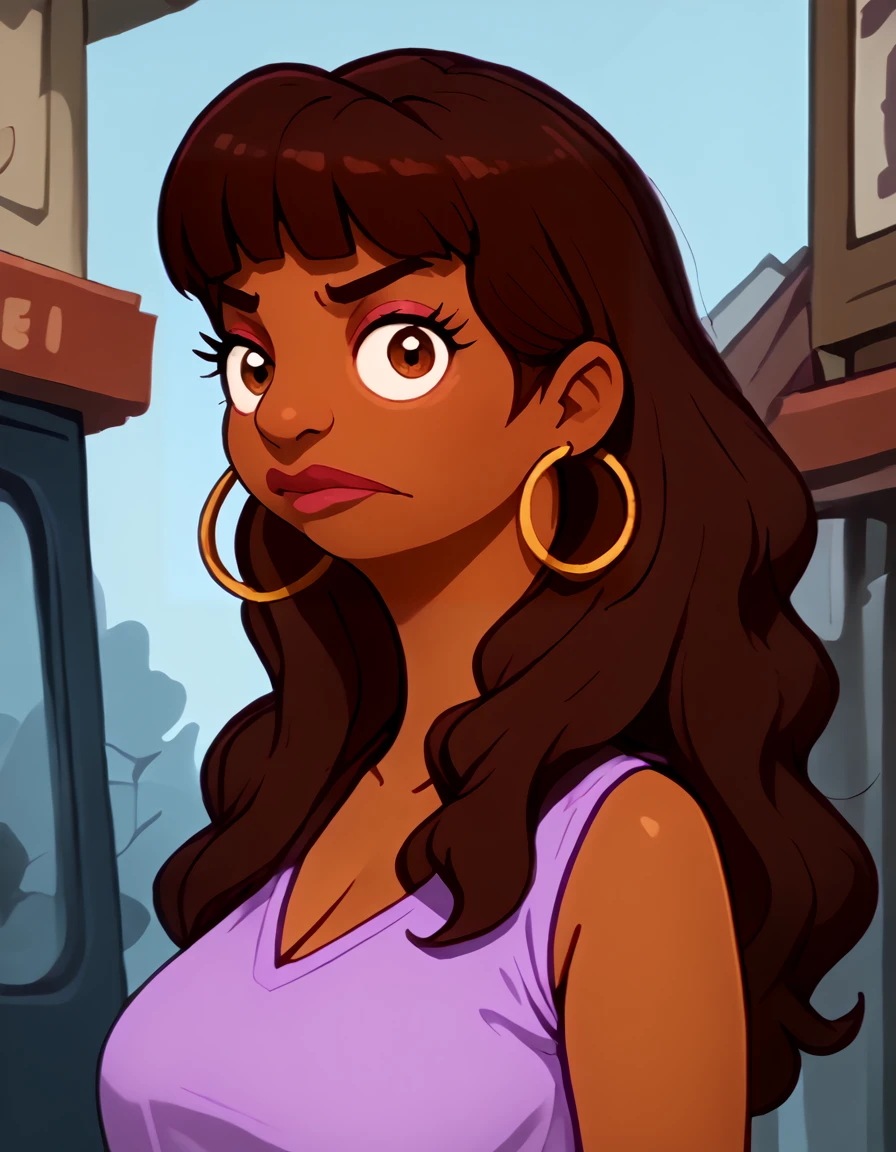 <lora:Fanny_-_Bobs_Burgers:1> 1girl, dark-skinned female, brown hair, long hair, hoop earrings, chubby, makeup, puffy hair, purple shirt, sleeveless shirt, portrait, looking at viewer, frown,, source_cartoon, score_9, score_8_up, score_7_up,