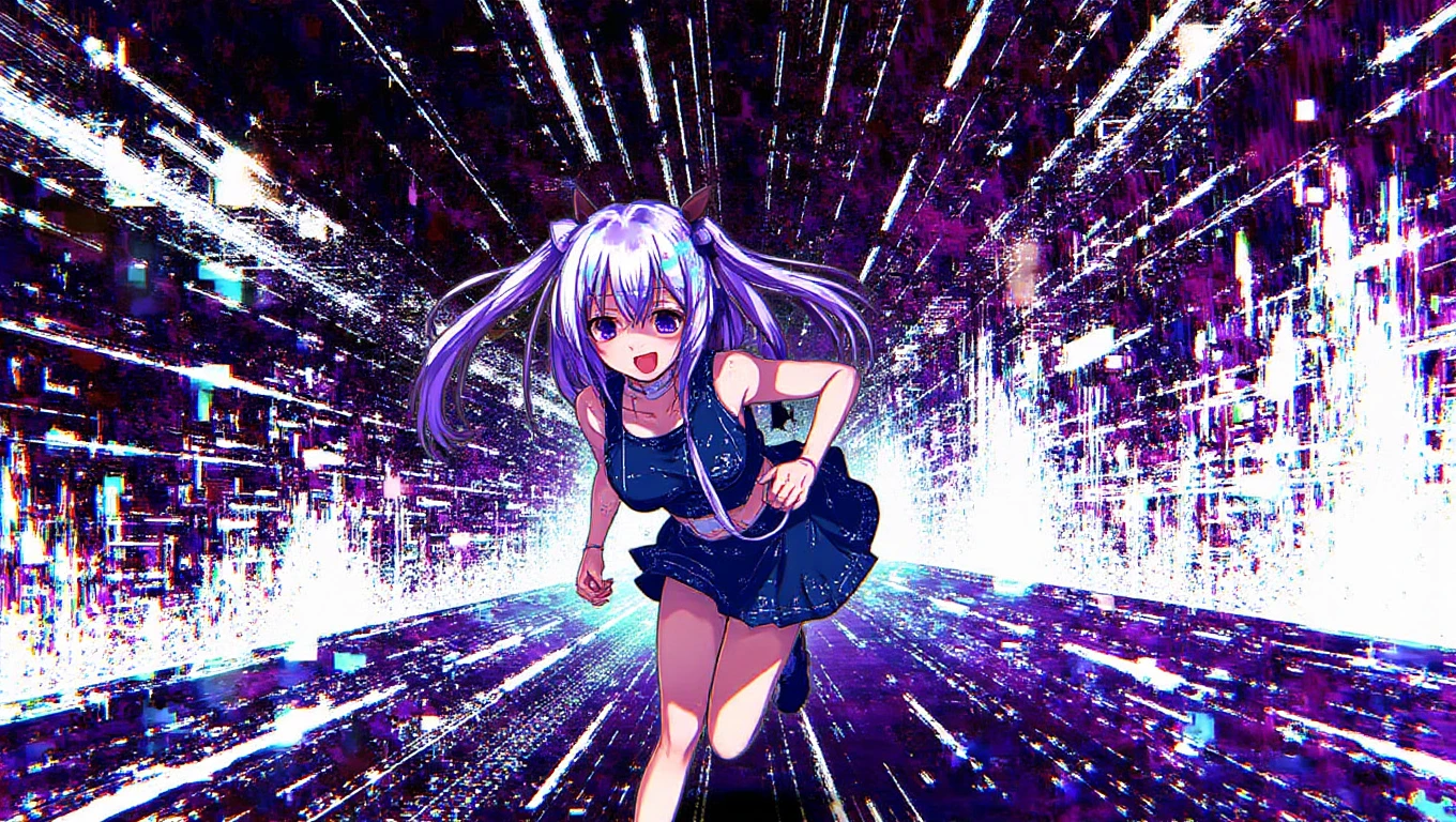 An intense, high-speed chase through a glitch-ridden digital world, where an anime character races against time. The scene is filled with vibrant streaks of color, fragmented data streams, and explosive digital effects, creating a sense of urgency and excitement in the breakcore style, breakcore anime  <lora:ishin_breakcore_anime_v1_flux:1>