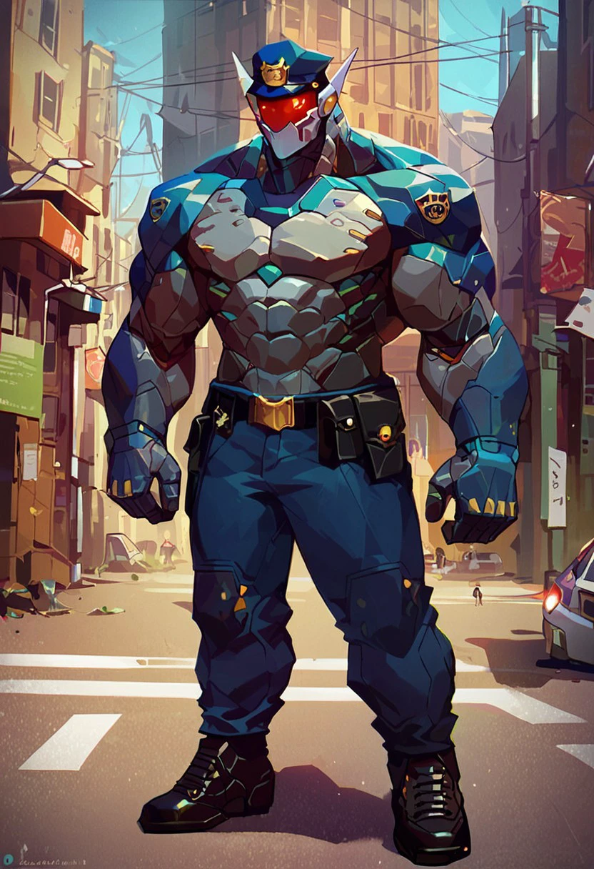 score_9, score_8_up, score_7_up,high defined,best hands,male focus,sp_mecha,topless,mecha,muscular,police,in street