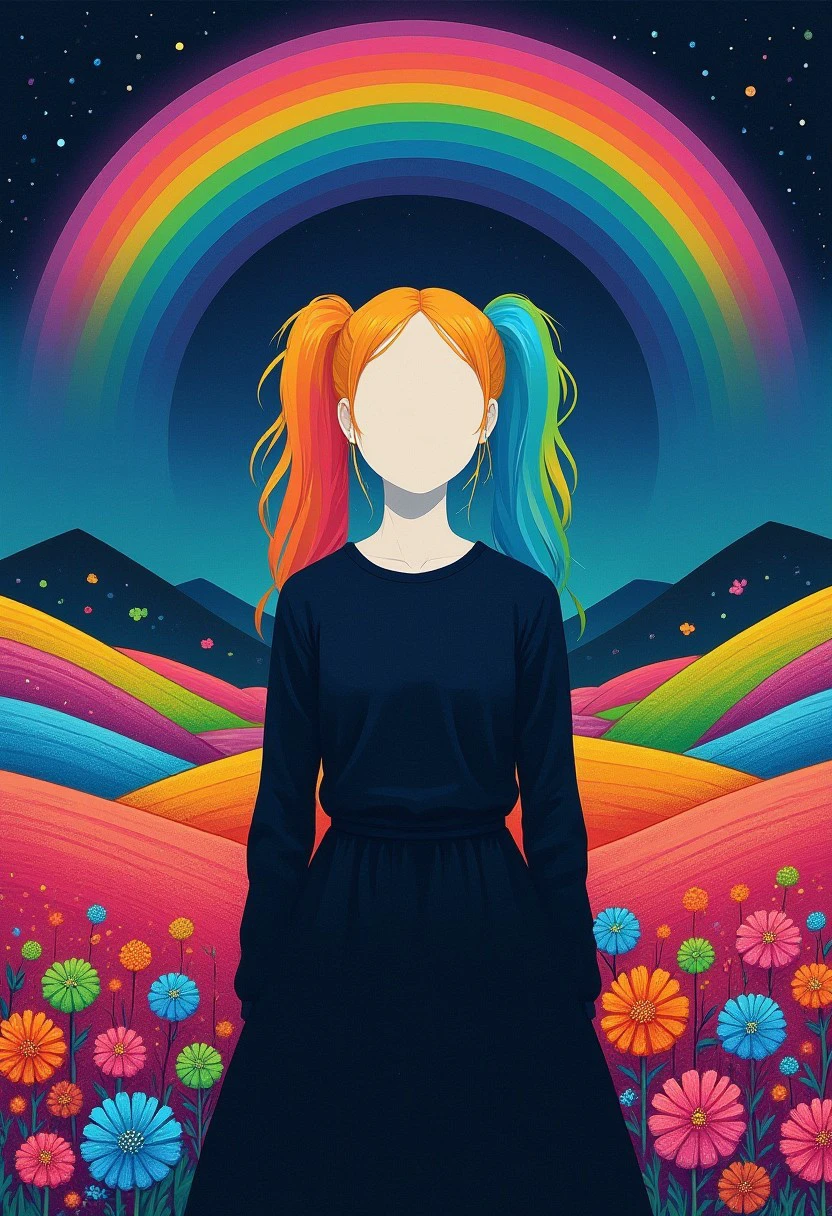 a (minimal1st:1.2) image of a (facelessL1.2) young woman standing in a fantastical, dreamlike landscape. She has no facial features. She has bright, multicolored hair styled in twintails and is wearing a dark dress. The background is a colorful landscape with a rainbow in a night sky, The ground has hills with colorful flowers.