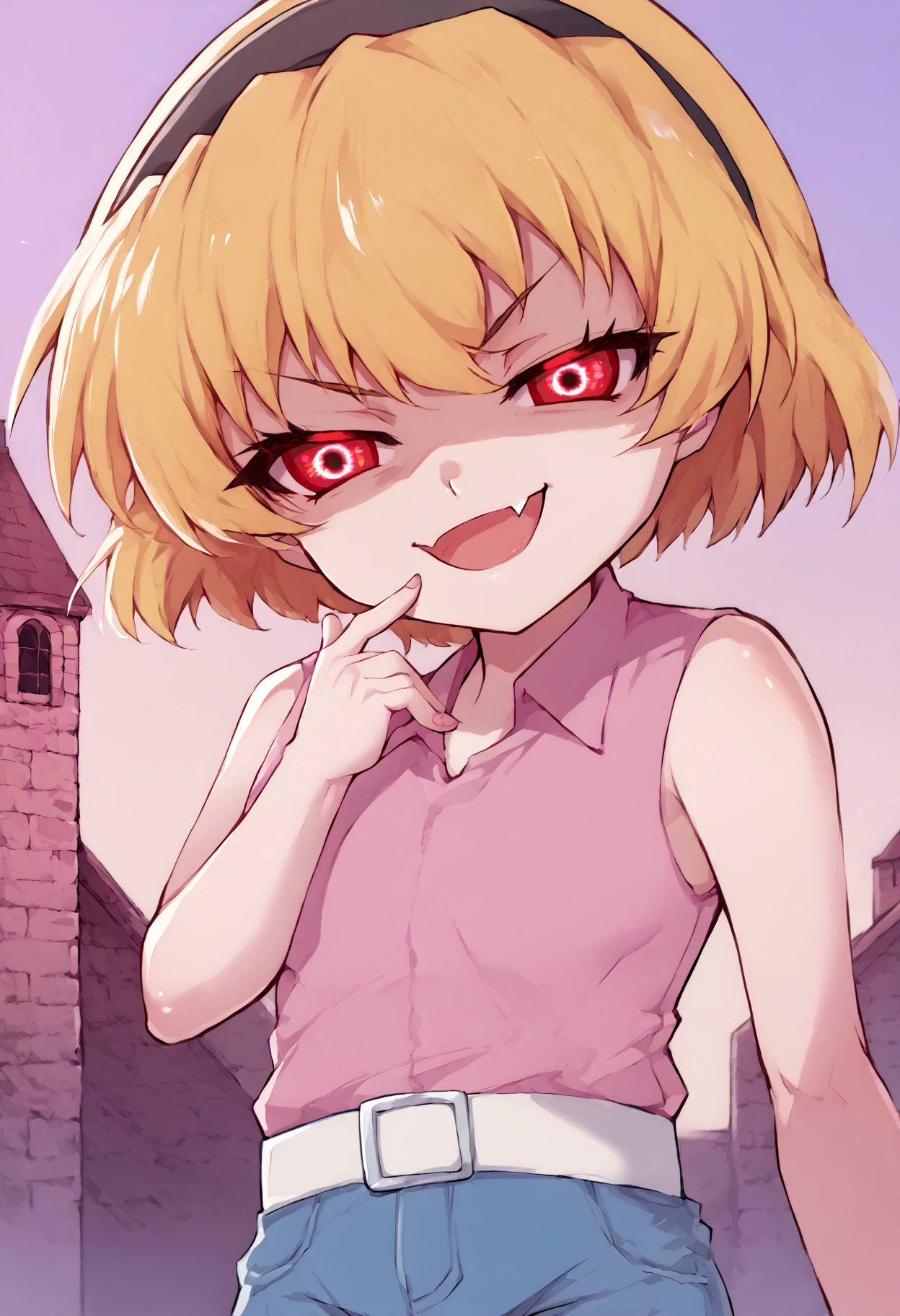 score_9, score_7_up, source_anime, uncensored, <lora:StS_PonyXL_Detail_Slider_v1.4_iteration_3:2> straight on, facing viewer, outdoors, church, revision, close-up, 
<lora:Satoko:1> SatoCasual, blonde hair,, hairband, pink shirt, white belt, denim shorts, sleeveless, 
<lora:Higurashi_Looper_Eyes_v1.1-000014:1> looper eyes, red eyes, glowing eyes, symbol-shaped pupils, eye reflection, narrowed eyes, white sclera, staring, glaring, looking at viewer, (head tilt:1.4), (shaded face:0.8),
 <lora:Mesugaki_Concept_v1.1:1> mesugaki, smug, skin fang, hand to own mouth