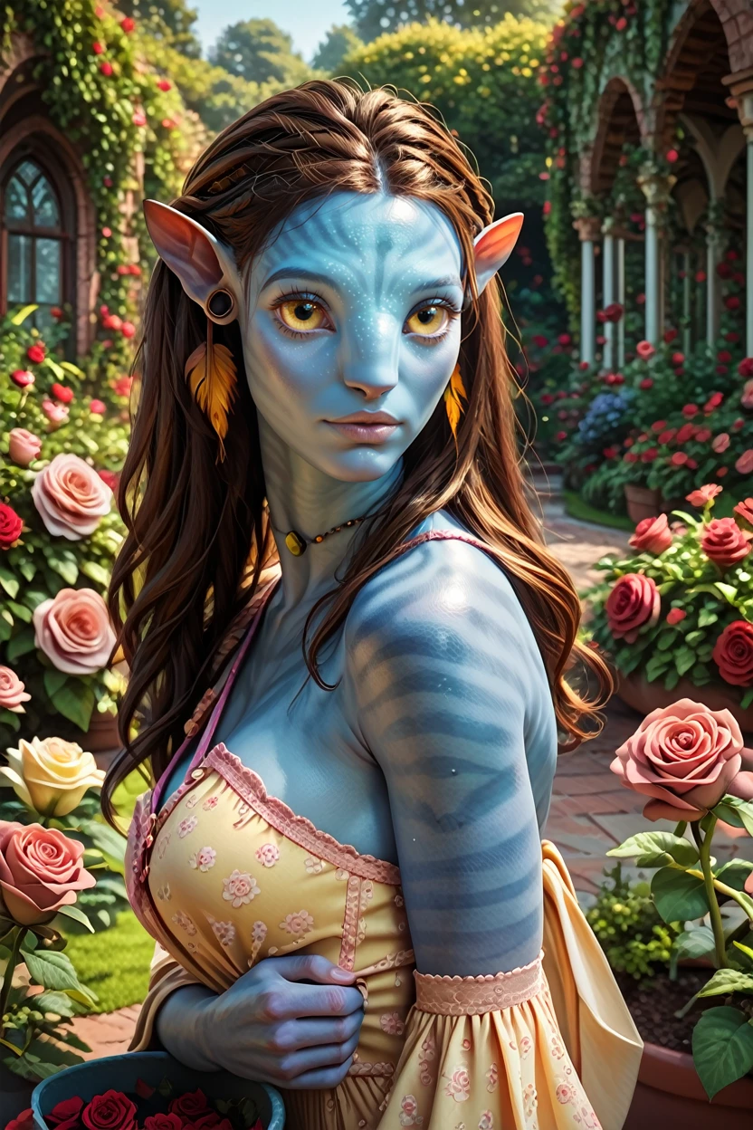 score_9, score_8_up, score_7_up, score_6_up
<lora:AvNeytiri:1.0>
AvNeytiri, 1girl, brown hair, blue skin, yellow eyes, looking at viewer, rose garden, gardening, floral background