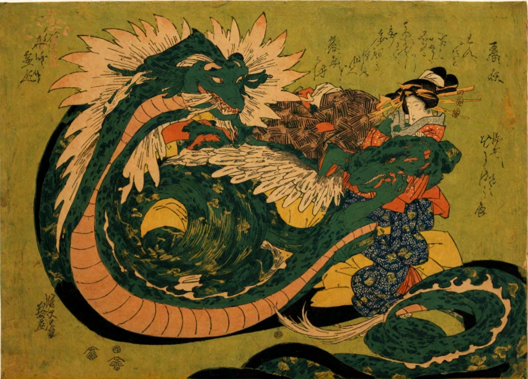 <lora:keisai-eisen_pony_v1:1> 'geisha' by eisen keisai in, bijinga \(genre\), ukiyo-e \(style\),  genre painting \(genre\)       a Gigantic Graceful Mythical Amorphous  dragon, score_9, score_6_up, score_7_up