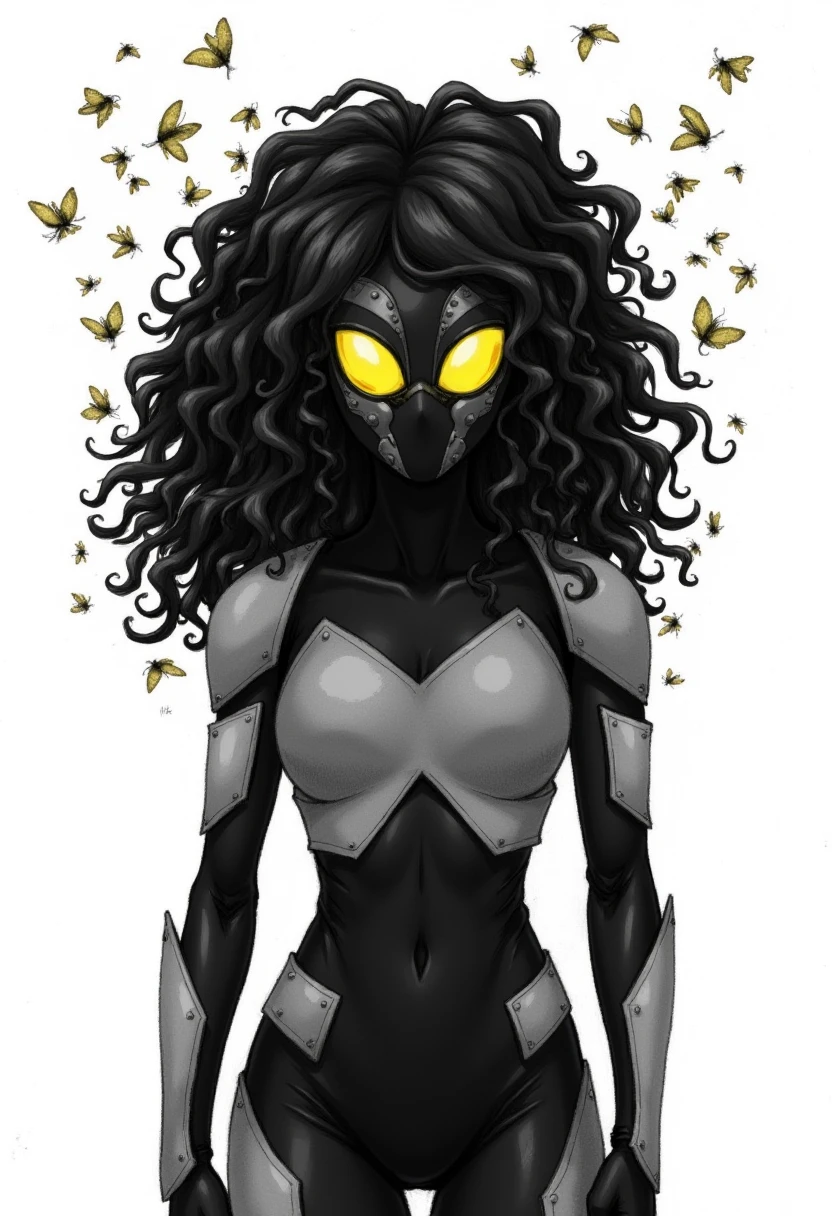 Full body image, Skitter wearing bug mask with mandibules. The image is a colored pencil sketch. She is wearing armor bodysuit. Black body suit, with grey armor panels. Small chest. Skitter has long black wavy and curly hair. The bug mask two yellow compound lens. 

The background is white, with a bug swarm of butterflies.