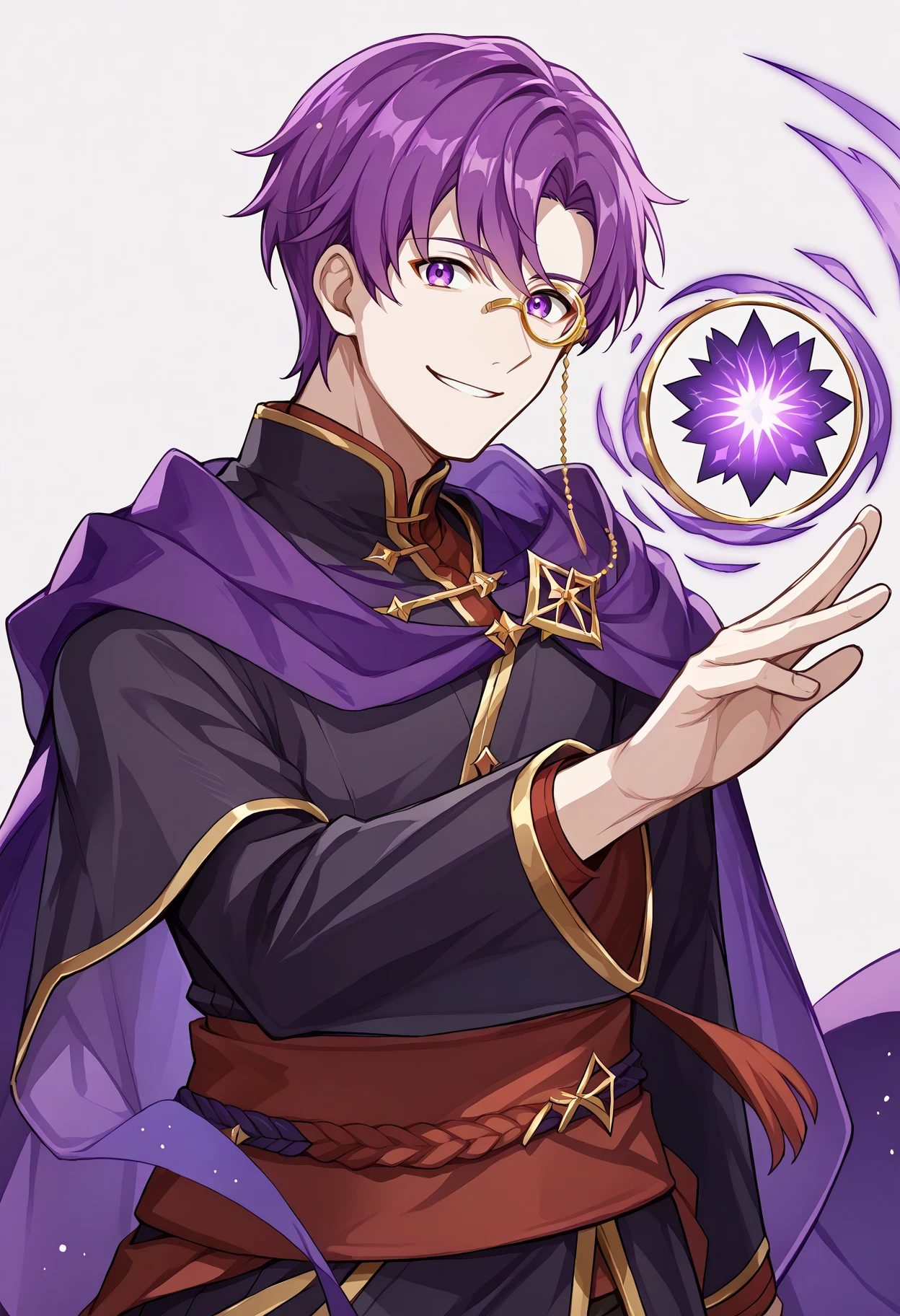 score_9,   score_7_up, mlcns, 1boy, black robe, purple cape, purple eyes, purple hair, monocle, red sash, gold trim,   simple background, closed smile, looking at viewer,   <lora:Canas-pdxl:1>, magic, bangs,  <lora:monocle_pony_final:1>