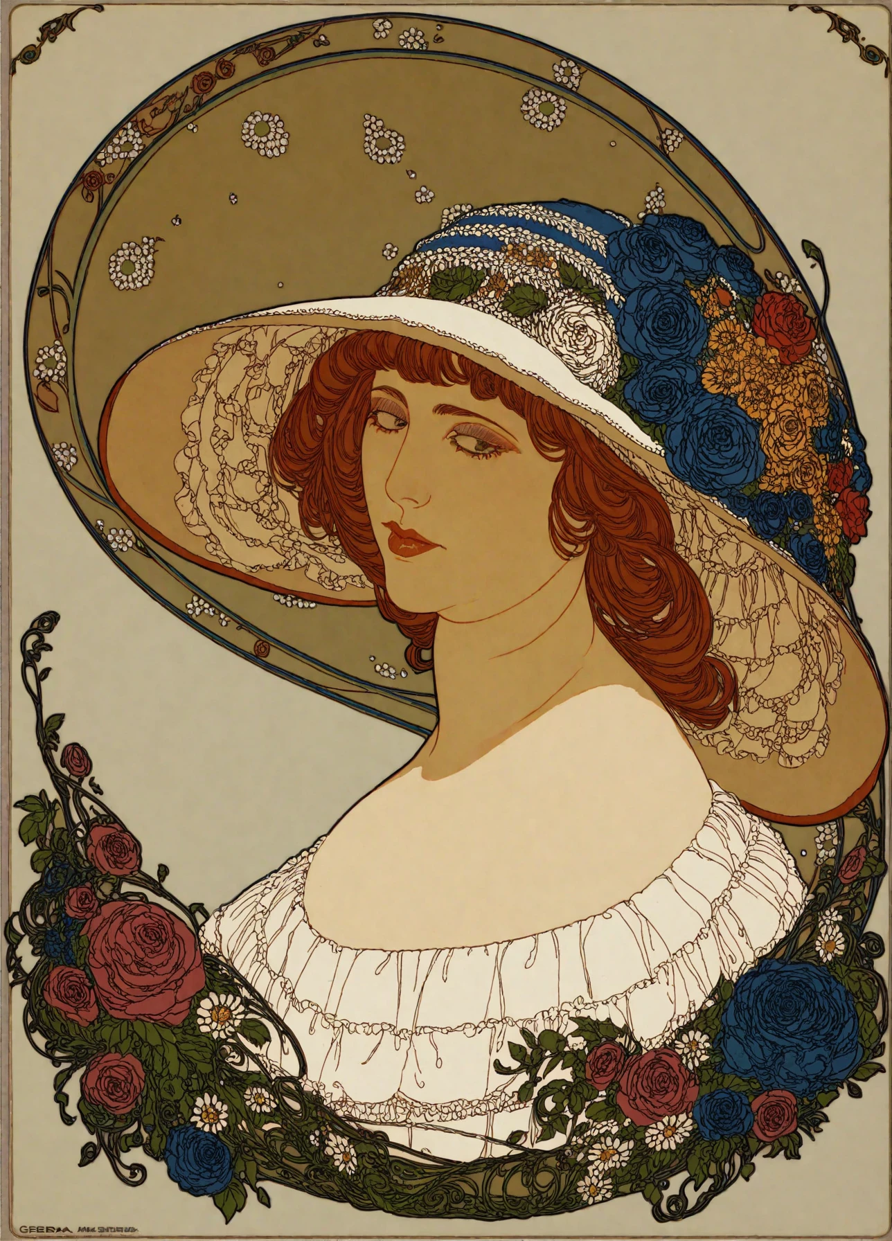 <lora:gerda-wegener_pony_v1:1> 'woman' by wegener gerda in 1920, 
art nouveau \(modern\) \(style\), portrait \(genre\), a woman with a large flower hat and makeup, score_9, score_6_up, score_7_up