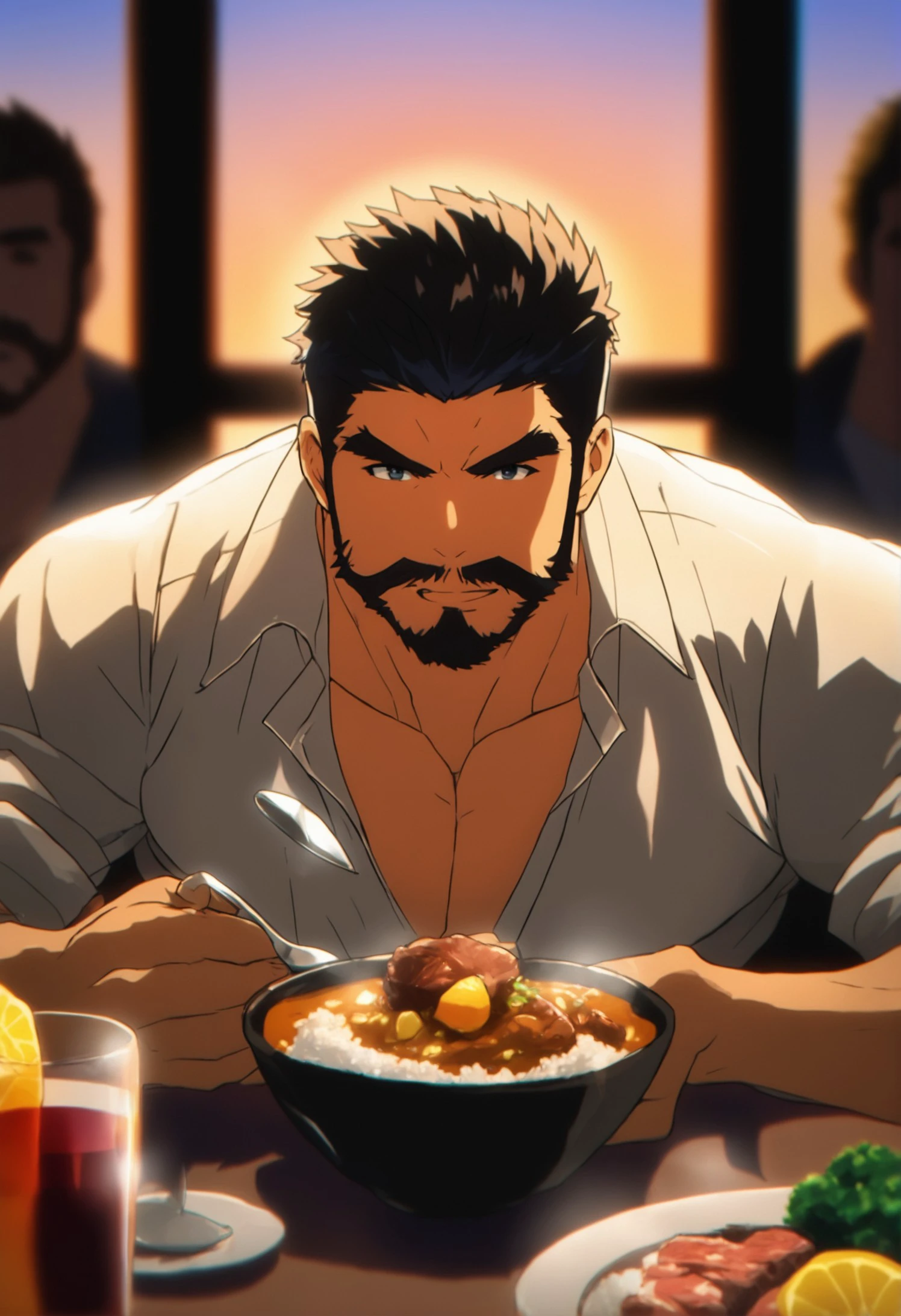 male focus, 1boy, multiple boys, 
chromatic aberration, slim, facial hair, food, muscular male, partially unbuttoned, muscular, pectorals, short hair, bara, cup, mature male, pectoral cleavage, shirt, looking at viewer, thick eyebrows, black hair, rice, beard, upper body, solo focus, lemon, mustache, sleeves rolled up, large pectorals, collared shirt, drinking glass, eating, sunset, blurry background, lens flare, sharp shadows, direct lighting, vibrant colors, glow effect, bloom, edge color fringing, chromatic aberration, blurry, fruit, curry, spoon, alcohol, wine, pov dating, sexually suggestive, wine glass, sideburns, curry rice, long sleeves, steak, v-neck, vibrator, 
masterpiece, best quality
 <lora:NijiBara_SanaeXL-000018:1>