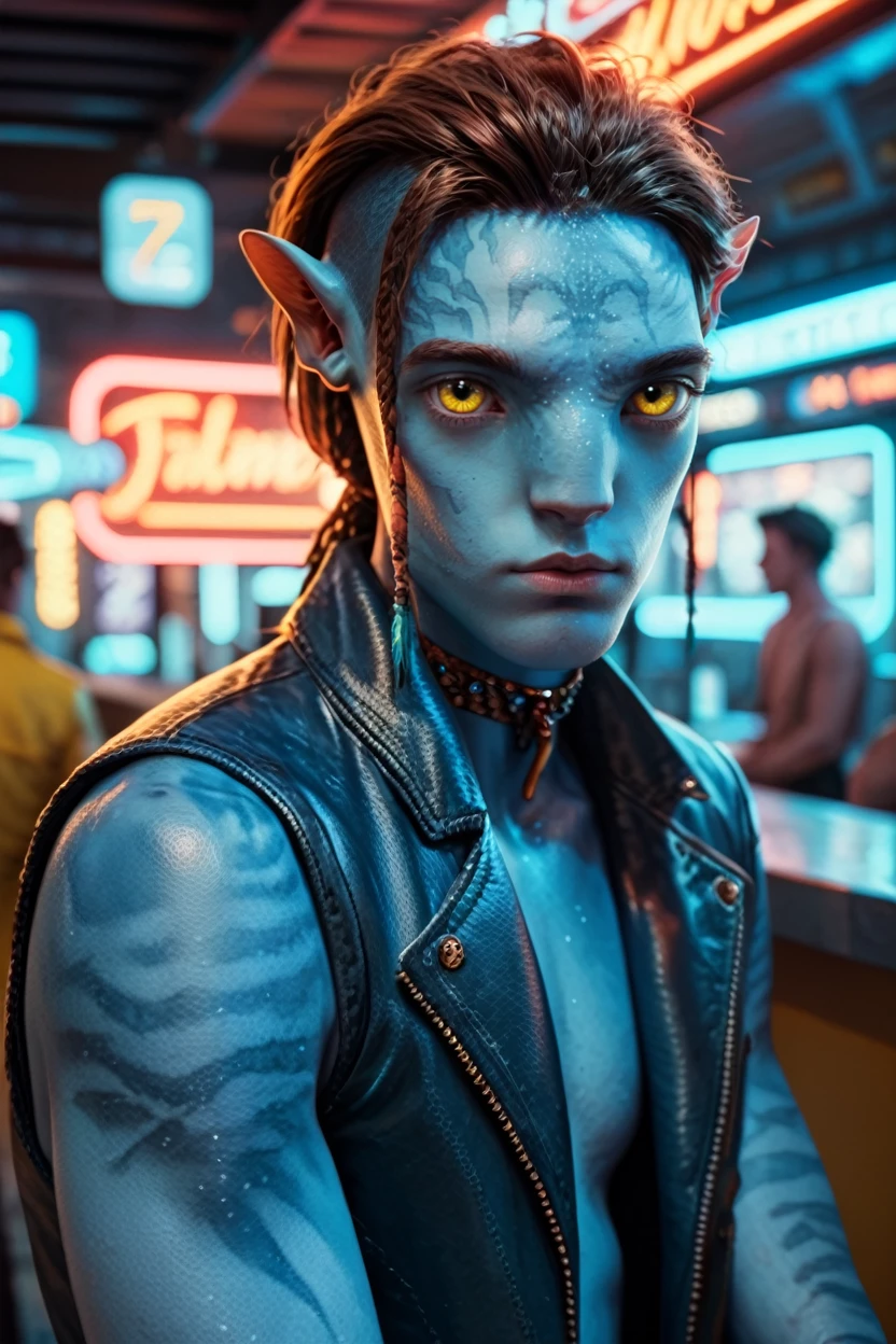 score_9, score_8_up, score_7_up, score_6_up
<lora:AvLoak:1.0>
AvLoak, 1boy, brown hair, blue skin, yellow eyes, looking at viewer, at an old-fashioned diner, leaning against the counter, wearing a leather jacket, neon lights reflecting on his face, retro vibe, cool and confident expression