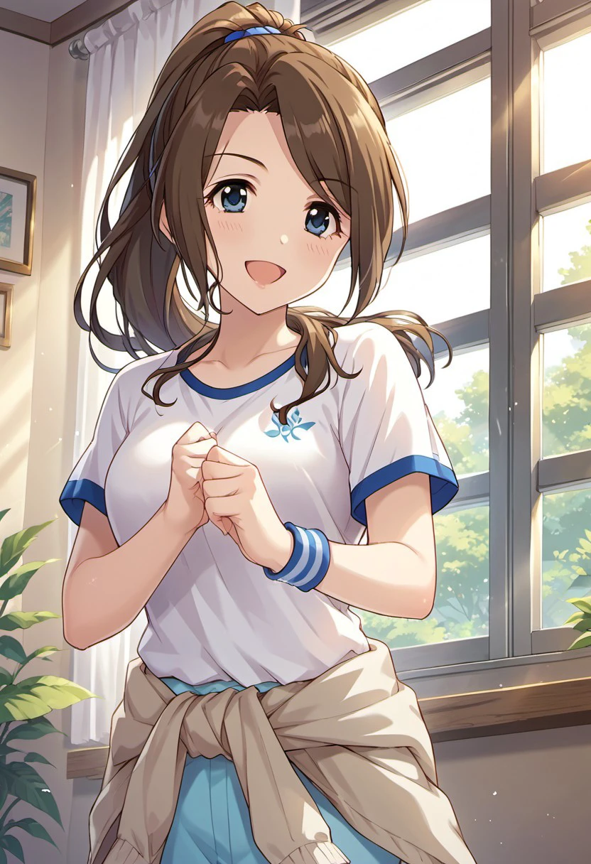 score_9, score_8_up, score_7_up, source_anime,kishibe ayaka, blue eyes, brown hair, long hair, 1girl, solo, ponytail, smile, wristband, shirt, open mouth, clothes around waist, window