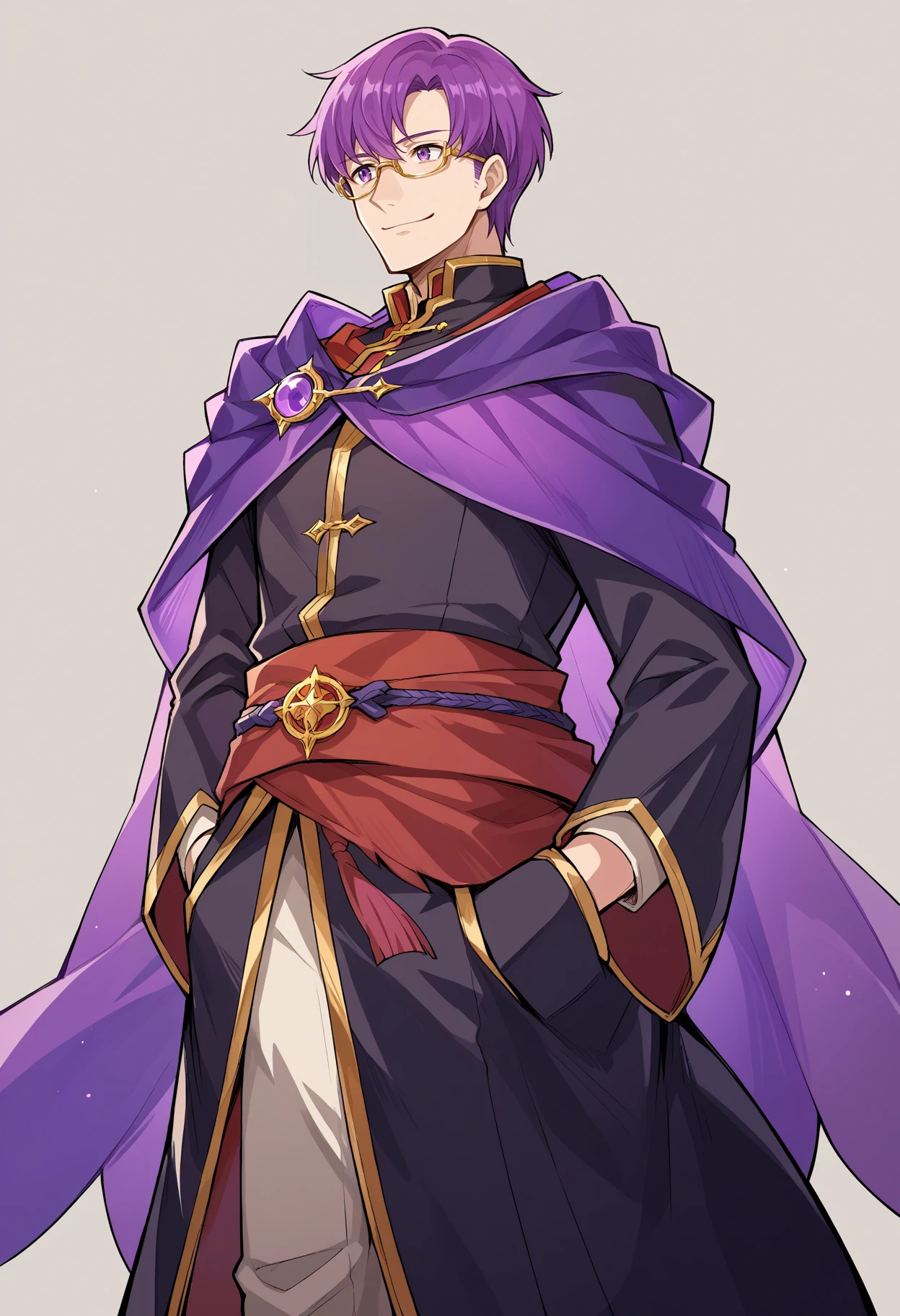 score_9,  score_6_up, source_anime, mlcns, 1boy, black robe, purple cape, purple eyes, purple hair, (monocle:1.2), red sash, gold trim, simple background, closed smile <lora:Canas-pdxl:1>,  bangs, glasses,  hands in pockets