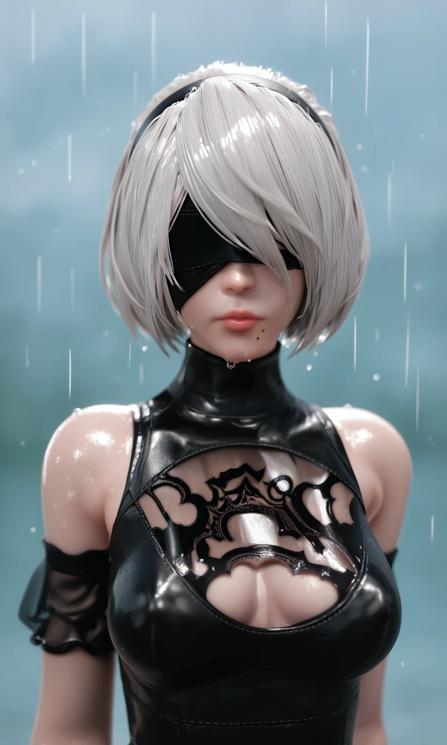 score_9,score_8_up,score_7_up,source_anime,shiny_skin,
1girl,yorha no. 2 type b,covered eyes,black blindfold,solo,breasts,short hair,dress,bare shoulders,medium breasts,closed mouth,upper body,white hair,hairband,sleeveless,mole,blurry,black dress,lips,wet,depth of field,blurry background,turtleneck,black hairband,wet clothes,mole under mouth,facing viewer,rain,water drop,blindfold,wet hair,