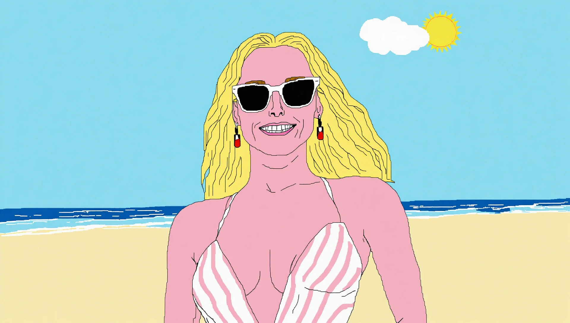 MSPaint portrait , MSPaint drawing, low angle from below a Wide view of a blonde woman in a striped bathing suit and vintage sunglasses standing on a beach smiling at camera with perfect noon sun in background, 
