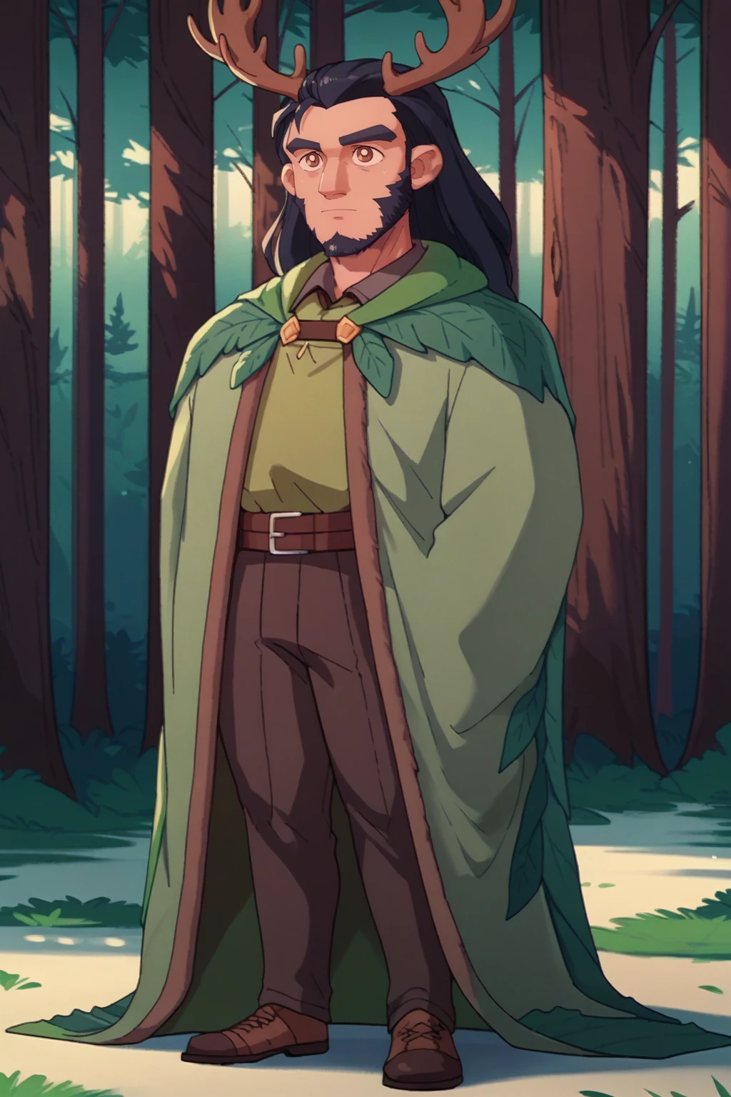 score_9, score_8_up, 1boy, solo <lora:NSAaditPortia:0.85> NSAaditPortia, male focus, long hair, black hair, facial hair, brown eyes, thick eyebrows, green robe, antlers, leaf cape, forest, full body