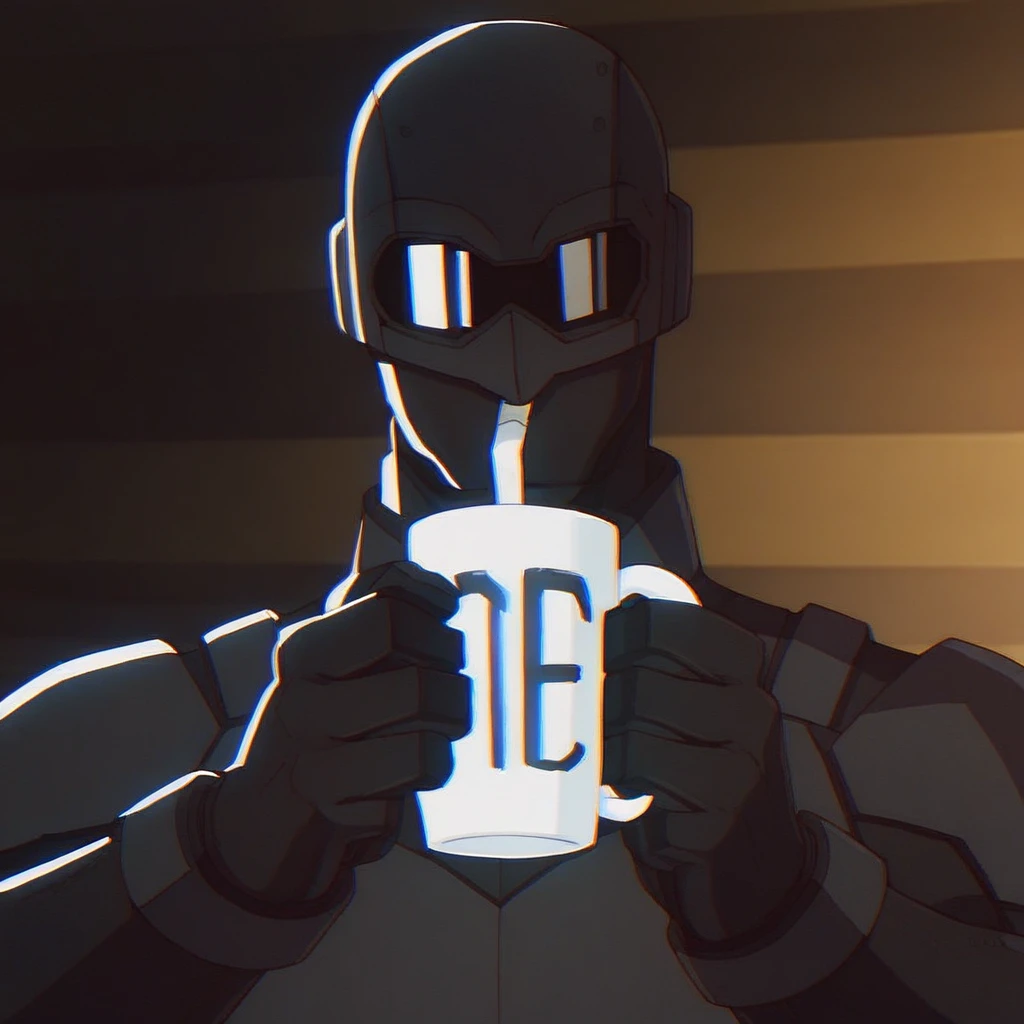 Black Noir, solo, 1boy, mask, visor, looking at you, holding mug, sipping, wallpaper, score_9, score_8_up, score_7_up