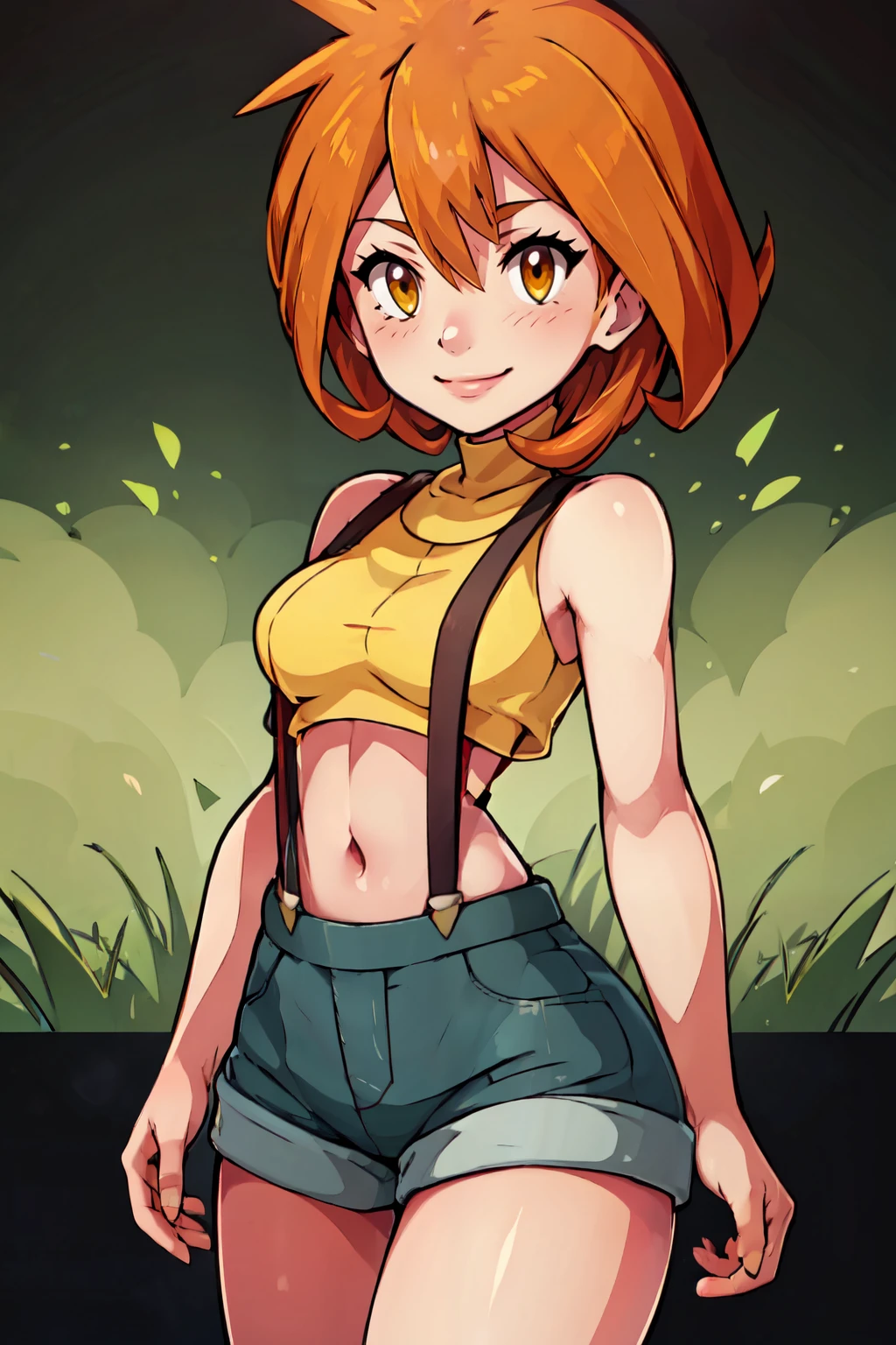 ((masterpiece,best quality)), absurdres,  BREAK, , <lora:Brigette_Pokemon:0.8>, zzBrigette, short hair, orange hair, brown eyes,  , BREAK,  <lora:Misty_Pokemon_Cosplay_v3:0.8>,  misty (pokemon) (cosplay), yellow crop top, suspenders,, BREAK, solo, smile, looking at viewer, cowboy shot,