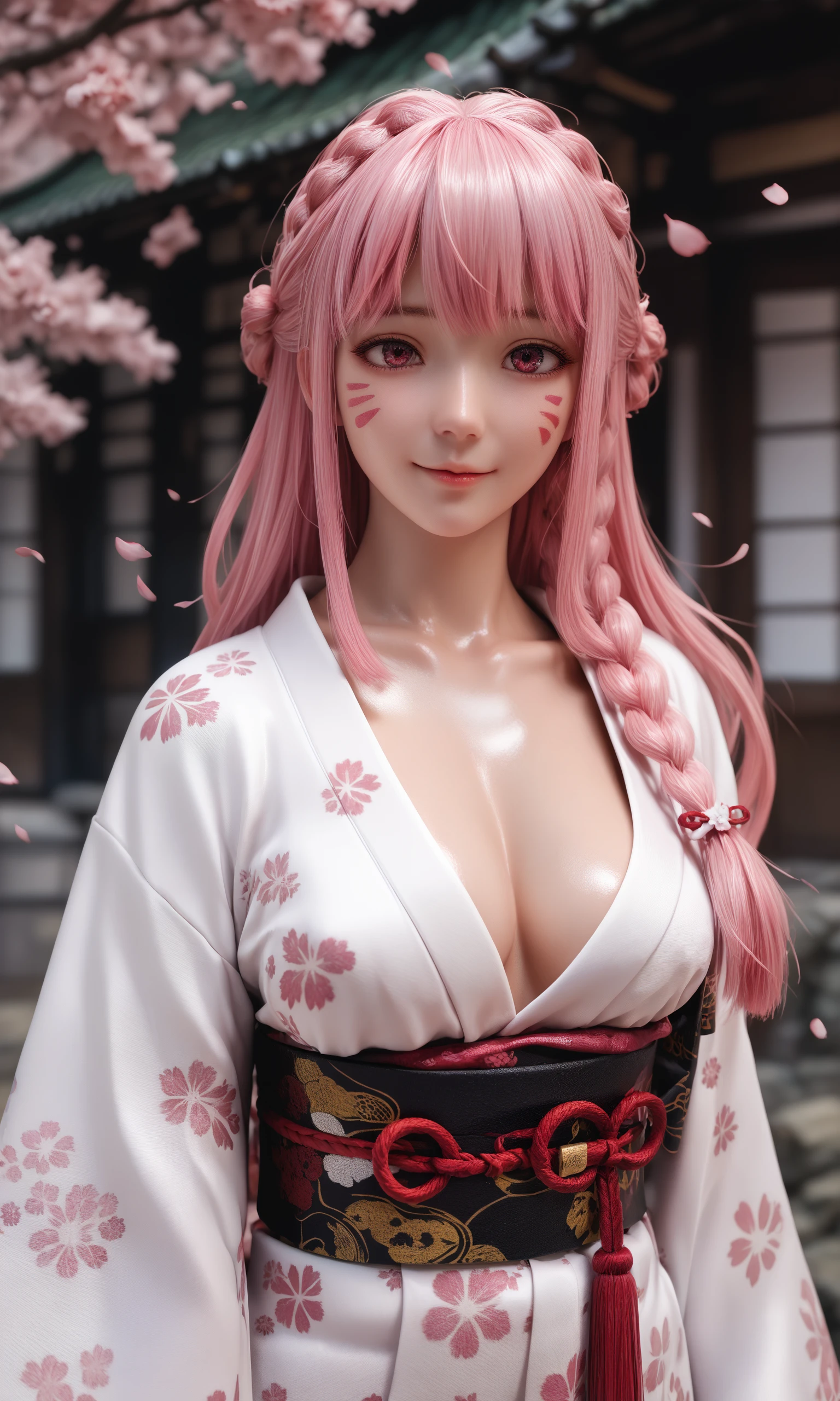 score_9,score_8_up,score_7_up,source_anime,shiny_skin,
1girl, long hair, white hair, pink hair, multicolored hair, braid, pink eyes, japanese clothes, kimono, upper body, seductive smile, cherry blossoms, urushihara satoshi style, detailed background, walking,