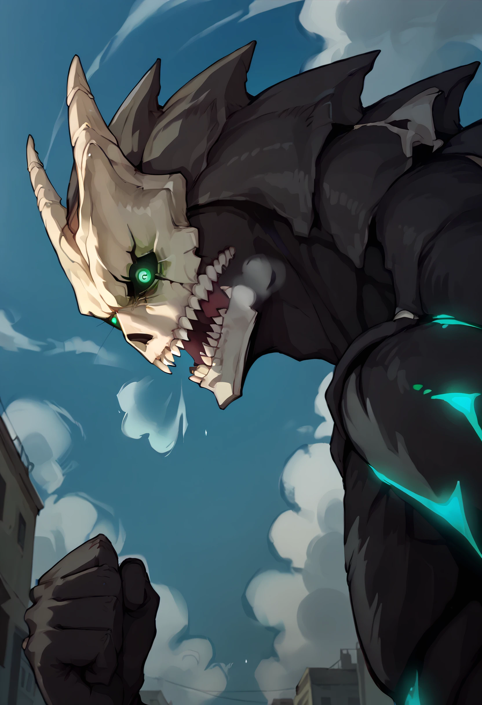 score_9, score_8_up, score_7_up, 1boy, solo, looking at viewer, upper body, close-up, 
 <lora:KaijuNo8_Dwnsty:0.9>, kaijuu no8, black skin, skull mask, glowing eyes, sharp teeth, black sclera, kaijuu,
from below, open mouth, heavy breathing, clenched hands, clenched teeth, angry, 
outdoors, cloudy sky, street, dust,