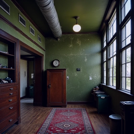 moldy surfaces, sky, broken windows, rug, wooden floor, light, architecture, tree, clock, dark, cabinet, locker, lamp, rusty metal, haunted factory, ceiling, industrial pipe, box, office, broken glass, haunted vibe, tile floor, house, shadow, stairs, grass, day, hallway, trash can