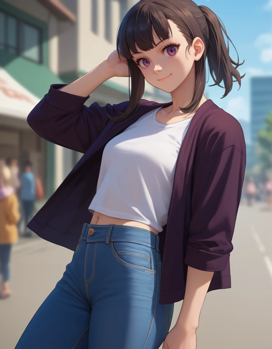 <lora:Maki Oze:1>, maki oze, 1girl, smiling, jeans, posing, closed mouth, depth of field  <lora:add-detail-xl:1>, score_9, score_8_up, score_7_up, source_anime,