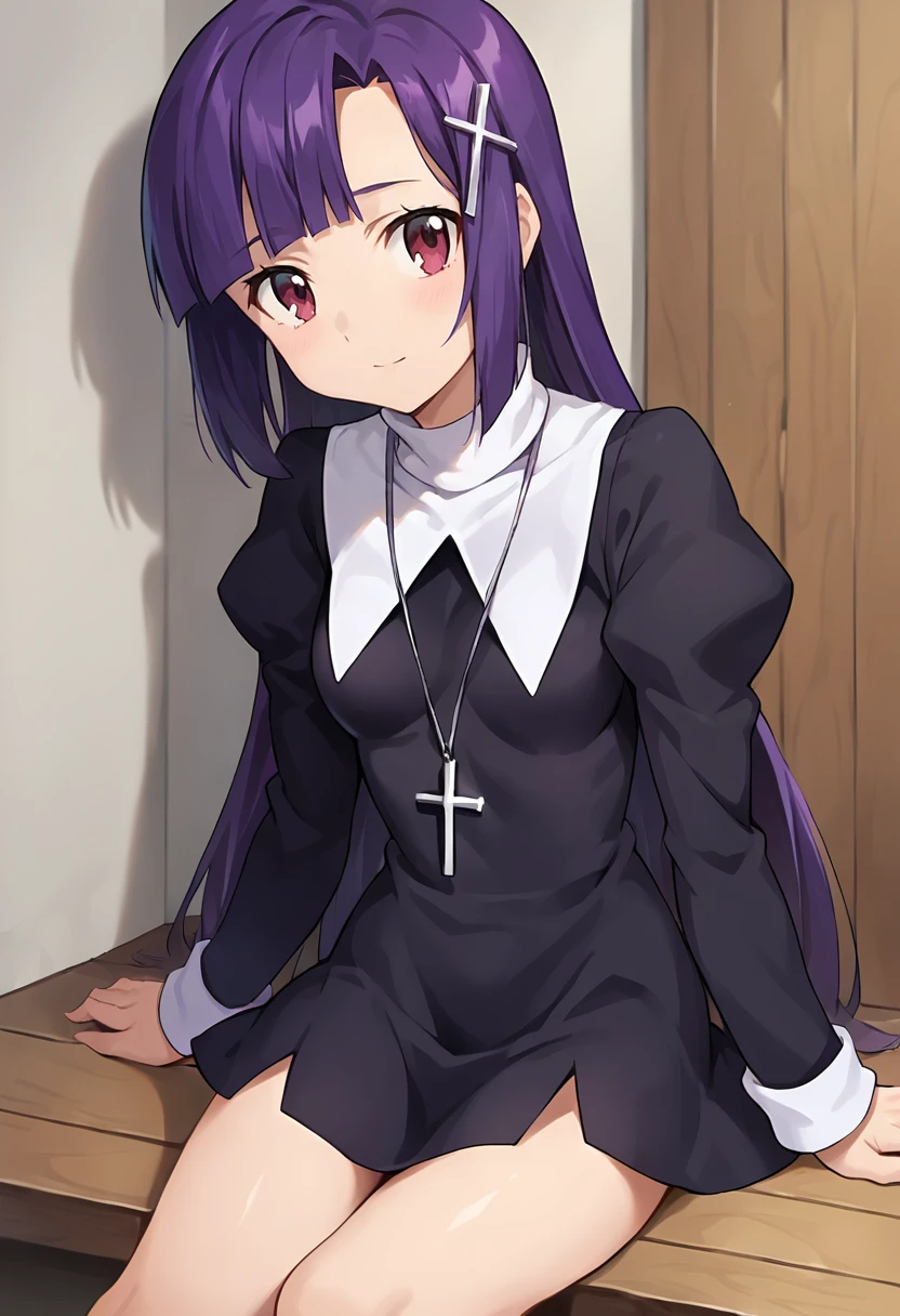 score_9, score_8_up, score_7_up, masterpiece, source_anime 1girl, ct_zange, purple hair, long hair, cross hair ornament, black dress, white turtleneck, long sleeves, cross necklace, looking at viewer, indoors, wooden wall, cowboy shot, shiny skin, sitting,<lora:Zange_Pony_ct:1>