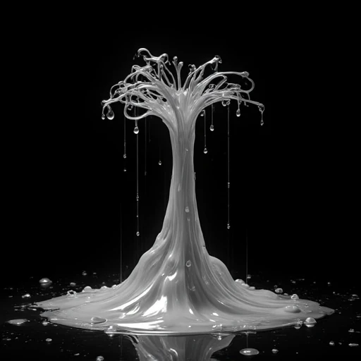 fluid, 1girl, fruit, glistening, black background, rock, no humans, sticky, dripping, surreal, standing, ocean, viscous, soft, tree, long hair, monochrome, gradient, translucent, water drop, food focus, solo, slime, pliable, stretchy, elastic, sleek