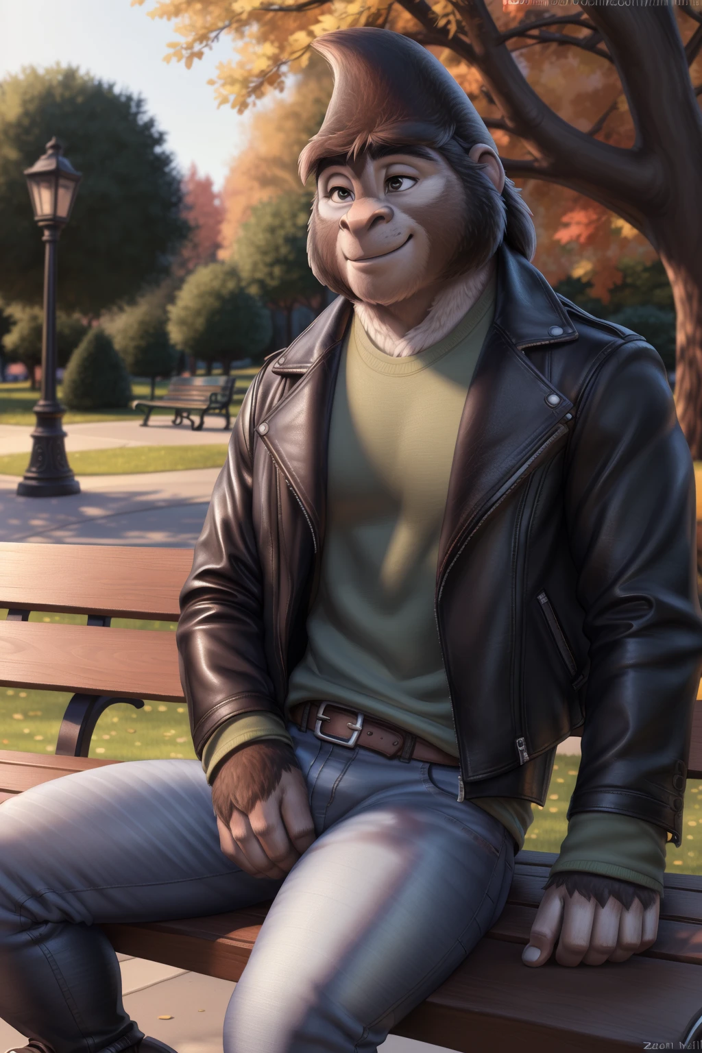 <lora:johnny-09:1>, johnny, muscular, solo, (posing:1.3), pinup, (soft shading), 4k, hi res, ((detailed face, detailed)), by zackarry911, by zaush, (by personalami:0.5), smile, leather jacket, shirt, jeans, sitting, park, bench,