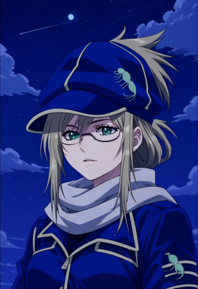 score_9, score_8_up, score_7_up, source_anime, highly detailed, 
arialin, 1girl, glasses, blonde hair, green eyes, jacket, standing, blue jacket, folded ponytail,  upper body, bee uniform,
hat, blue hat, scar, white scarf,
outdoor, night, clouds,