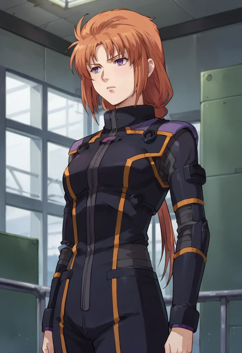 score_9,score_8_up,score_7_up,anime coloring BREAK source_anime,anime,<lora:Marida_Cruz_Pony:0.8>,marida,1girl,solo,purple eyes,orange hair,long hair,ponytail,banshee suit,standing,indoors,factory,