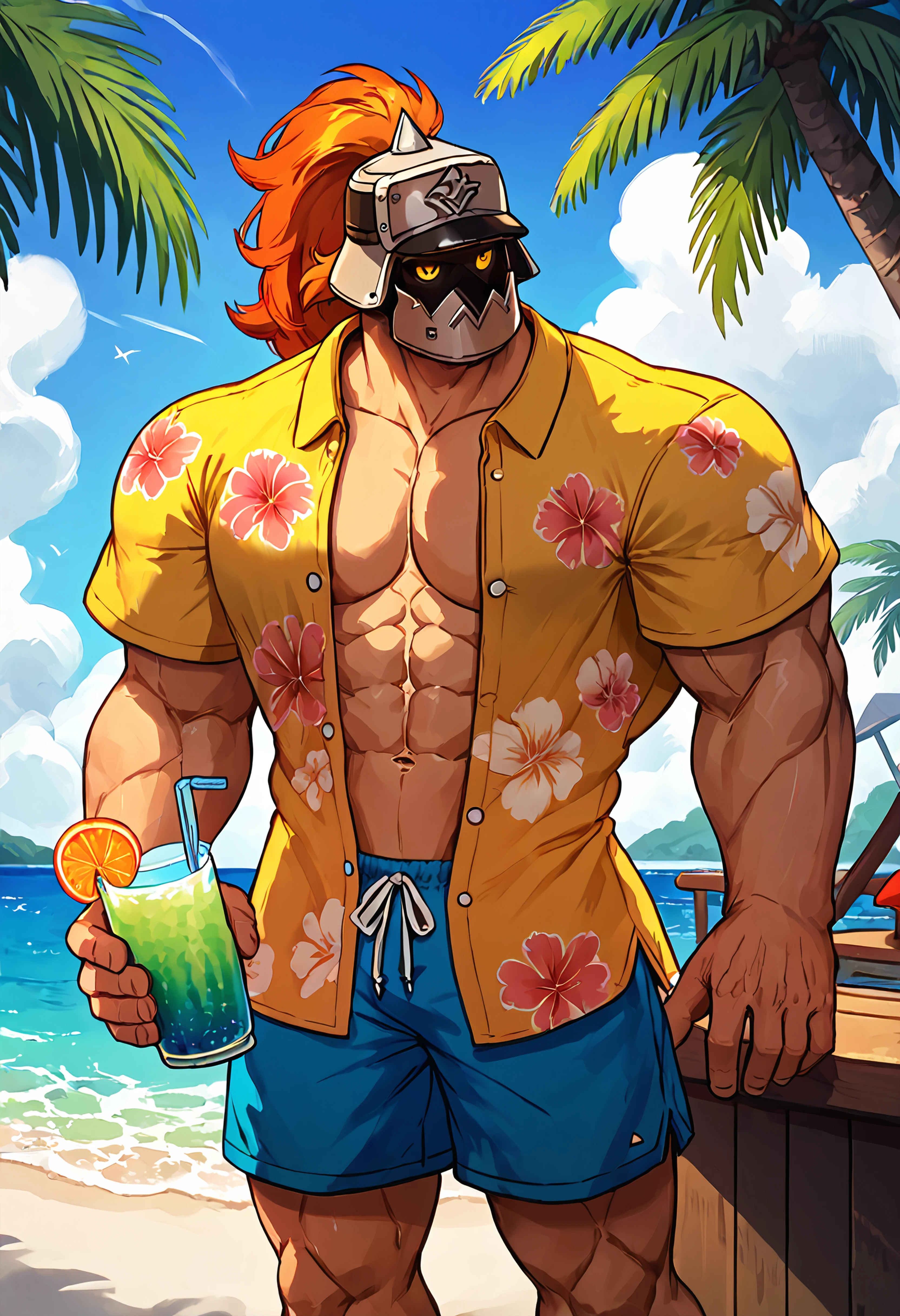 score_9, score_7_up BREAK male focus,ggstpot, muscular male, helmet, ponytail, yellow eyes,aloha shirt,shorts, outdoors,beach,tropical drink <lora:ggstpot_pd_t3:0.8>