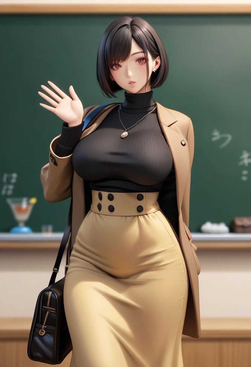 score_9, score_8_up, score_7_up, score_6_up, source_anime, <lora:FIG 0.1v:1>, fig, figurine,
curvy, curves, curvy body, 1girl, breasts, skirt, solo, black hair, bag, short hair, necklace, jewelry, sweater, jacket, turtleneck, arm behind back, large breasts, chalkboard, black sweater, turtleneck sweater, waving, looking at viewer, handbag, brown eyes, open clothes, open jacket, long sleeves, red eyes, brown jacket, long skirt, high-waist skirt, brown skirt, shoulder bag, shirt, black shirt, shirt tucked in, parted lips, yellow skirt, hand up, standing, expressionless, bob cut, indoors, motherly,