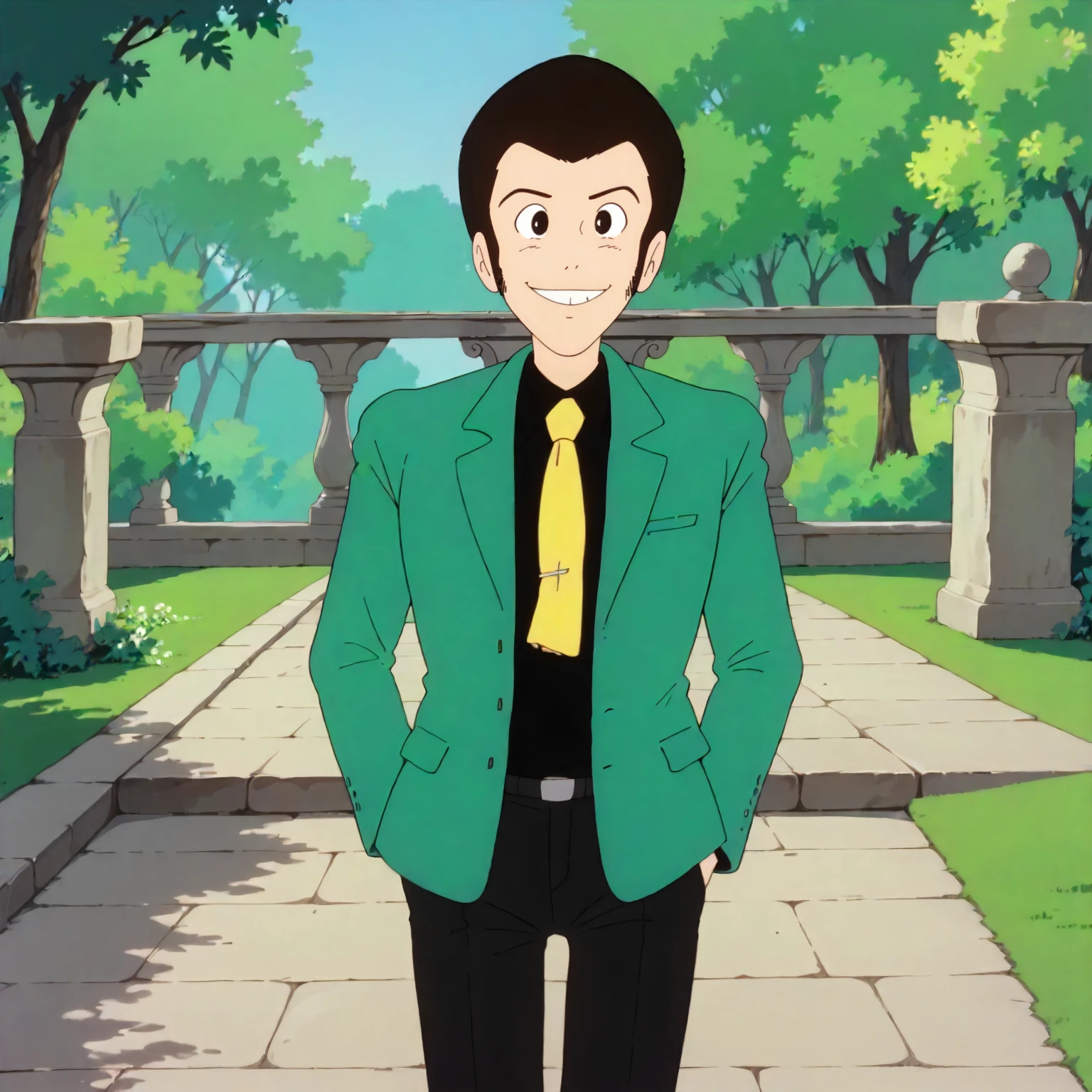 <lora:TCoC_LupinXLpony001>,
outdoors,nature,
looking at viewer,smile,
solo,
Lupin,1boy,black hair,short hair,black eyes,
green jacket,black shirt,yellow tie,open jacket,
black pants,
standing,