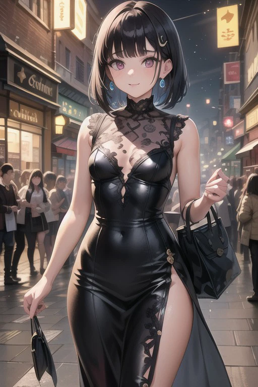 intricate details, finely detailed, <lora:Add Detail:0.4>, (masterpiece), best quality, high resolution, highly detailed, detailed background, thin, small size, ((curved)), (ray of lights), colorful backgrounds, (close up),  (st_nyx), black dress with inrticate details, walking, sunny, street with car and shops