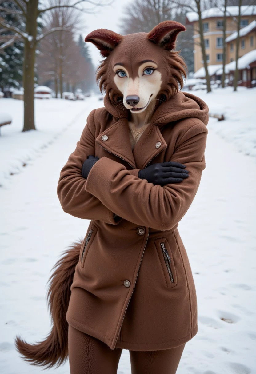 jun0, a beautiful, slender furry female wolf girl is wearing a winter outfit. She is outside in the snow. She is cold and shivering with her arms crossed. She has a wolf tail. The picture is photorealistic with highly detailed fur.