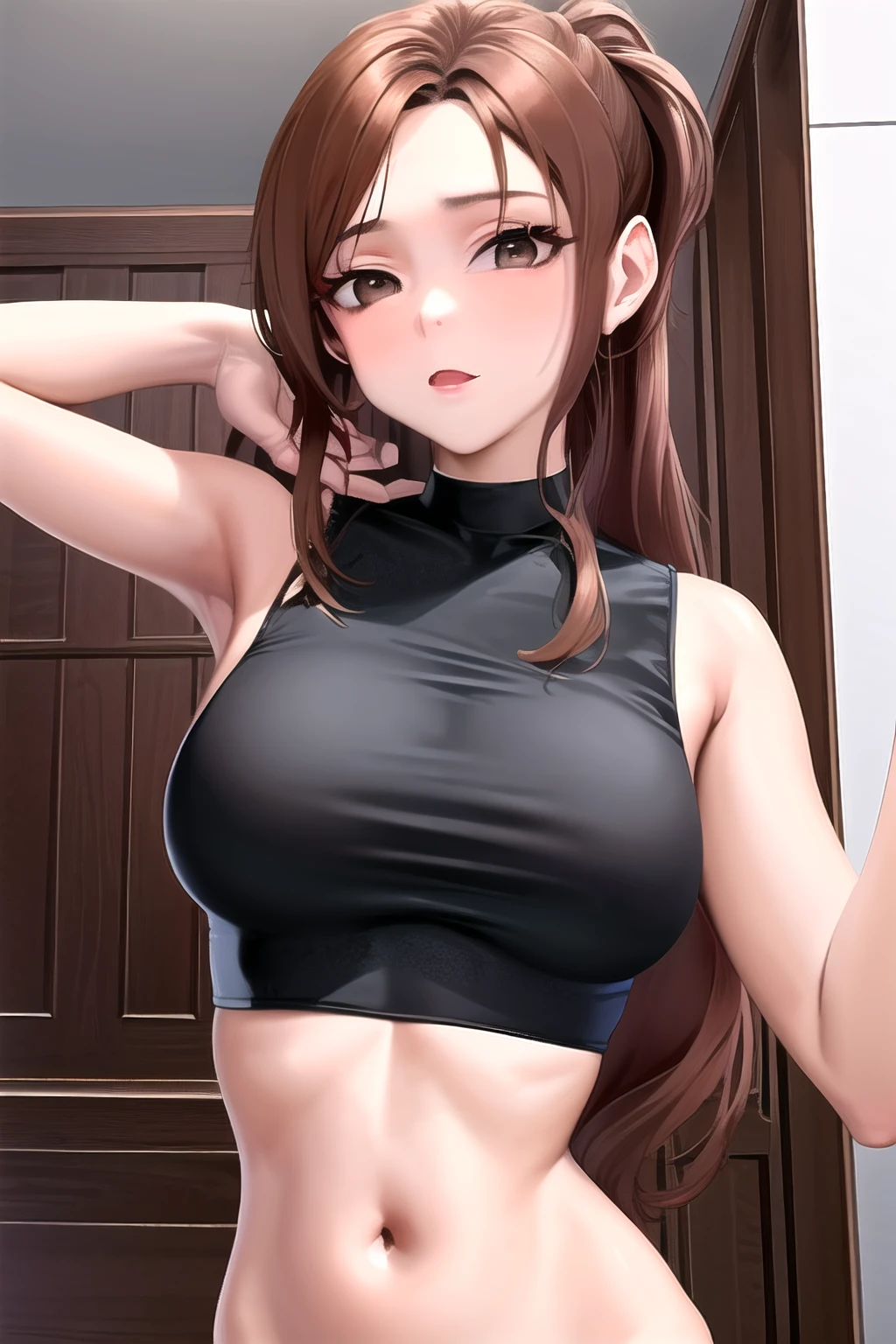 masterpiece, best quality, highres, 1girl, solo, brown hair, long_ponytail, brown eyes, brown_eyes, browneyes, breast, medium breasts, upper body, crop top, black crop top,Yasukiv10