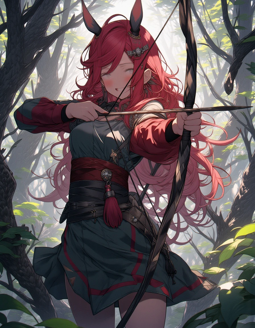An anime-style red-haired elf girl with long, flowing hair stands in the middle of a dense forest, surrounded by towering ancient trees and dappled sunlight. She has sharp, pointed ears and wears a detailed archer's outfit. With a focused expression, she is drawing back a bow, ready to release an arrow. As she pulls the bowstring, a whimsical 'twang!' sound effect appears nearby, visually represented in dynamic letters with a slight shimmer. The atmosphere is a mix of nature’s serenity and the poised readiness of a skilled archer, with shafts of light piercing through the thick canopy above and casting soft shadows across the forest floor. The subtle but playful sound effect adds a touch of fantasy to the otherwise tense and focused scene.