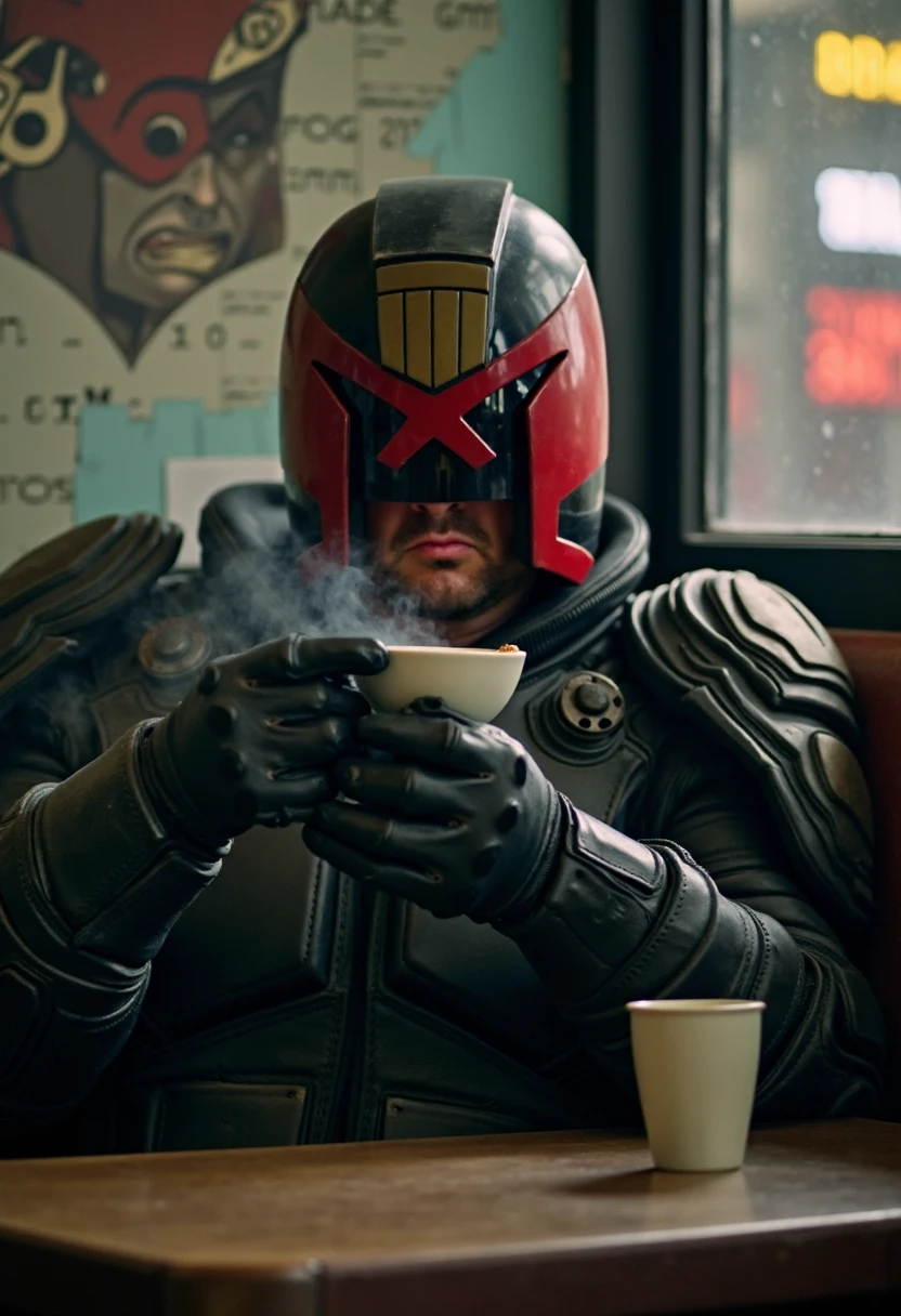 In the quiet, dimly lit corner of a diner, Judge Dredd sits alone in a small booth, his imposing figure still clad in full armor, with his helmet on, the red visor glowing faintly under the muted overhead lights. The lower part of his face is visible, revealing a stern, unyielding expression as he lifts a steaming cup of coffee to his lips. The dark armor contrasts sharply with the worn, faded leather of the booth, creating a stark visual juxtaposition between the man and his surroundings. His jaw is set, the stubble on his chin catching the soft light as he takes a deliberate sip. The only sounds are the quiet clink of his gloved hand against the ceramic mug and the distant hum of the city beyond the diner’s walls.

The photograph captures this rare moment of solitude with a focus on mood and detail. The low-key lighting casts deep shadows, emphasizing the sharp lines of his helmet and the rugged texture of his jaw. The camera angle is slightly low, drawing attention to the way his face contrasts with the sleek, futuristic armor. The steam rising from the coffee adds a touch of softness to the otherwise gritty scene, creating a subtle play between warmth and cold steel. The overall composition is tight and intimate, emphasizing the lawman’s quiet intensity even in this brief moment of calm, hinting at the relentless drive that defines him, even as he pauses to take a sip.