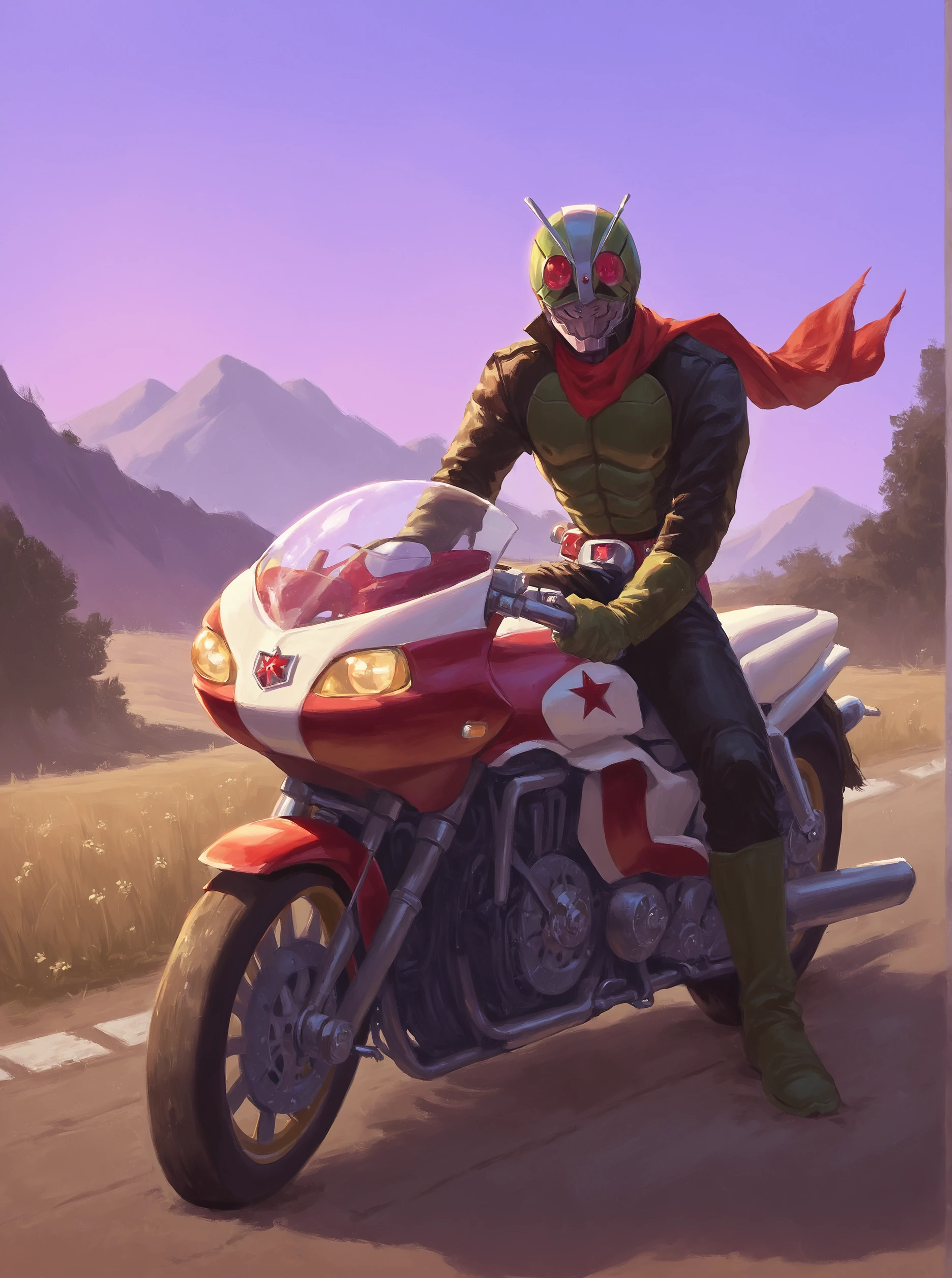 score_9, score_8_up, score_7_up, masterpiece, source_realistic<lora:sn0wStyle:1> <lora:HKHorrorXL:1>,kamen rider, motor vehicle, ground vehicle, 1boy, motorcycle, male focus, solo, scarf, <lora:Kamen_rider_nigo_the_first_2005:1>