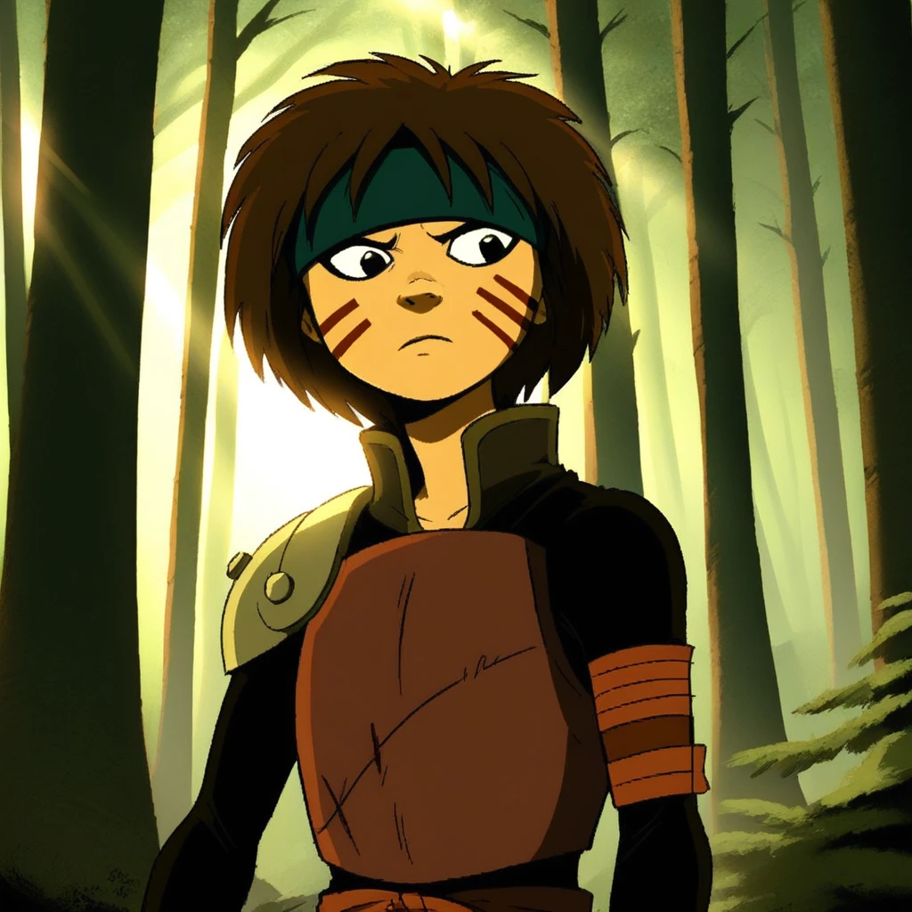 score_9, solo, smellerbee, brown hair, headband, armor, facial marks, forest, sunlight, natural lighting