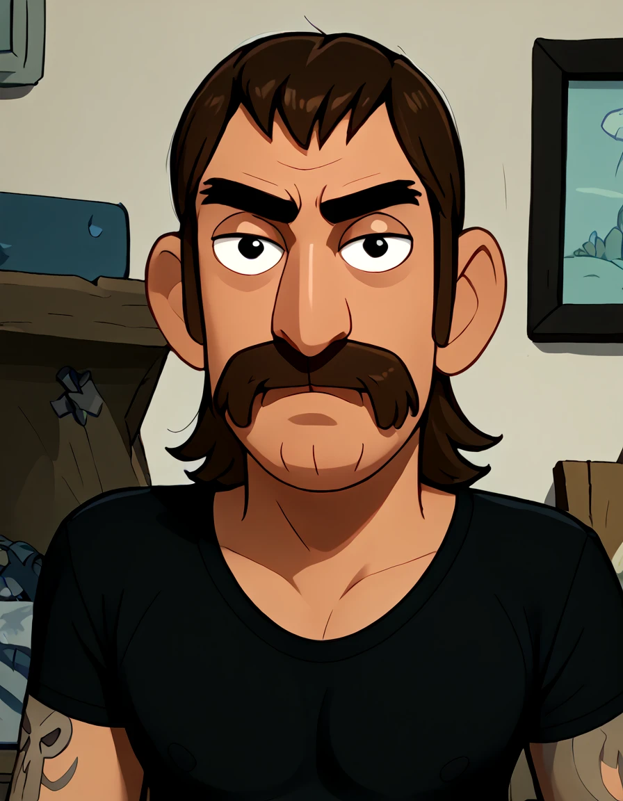 <lora:Mel_Sumouski_-__Clarence:1.25> 1boy, brown hair, mullet, arm tattoo, body hair, black shirt, short sleeves, horseshoe moustache, facial hair, black eyes, blue jeans, hole in pants, portrait, looking at viewer, neutral expression, source_cartoon, score_9, score_8_up, score_7_up,