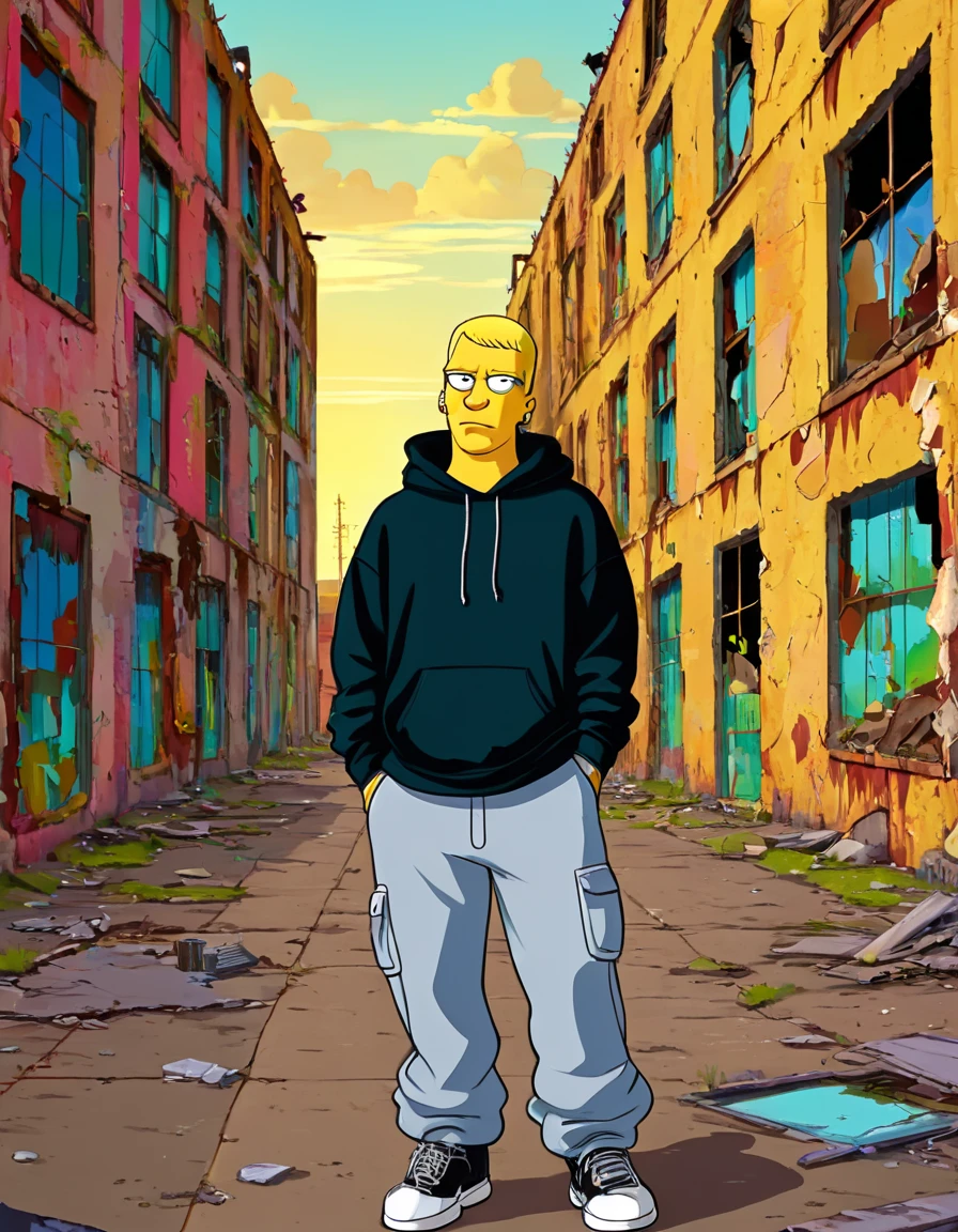 Sl1mSh4dySDXL, 2D cartoon character, blue eyes, short bleached blonde hair, small silver hoop earrings, dressed in a black hoodie and loose-fitting cargo pants, standing near an abandoned factory, broken windows, vibrant colors, in the style of The Simpsons, Sl1mSh4dySDXL, 2D cartoon character, blue eyes, short bleached blonde hair, small silver hoop earrings, dressed in a black hoodie and loose-fitting cargo pants, standing near an abandoned factory, broken windows, vibrant colors, in the style of The Simpsons, highly detailed, sharp focus, intricate, very inspirational, ambient, beautiful