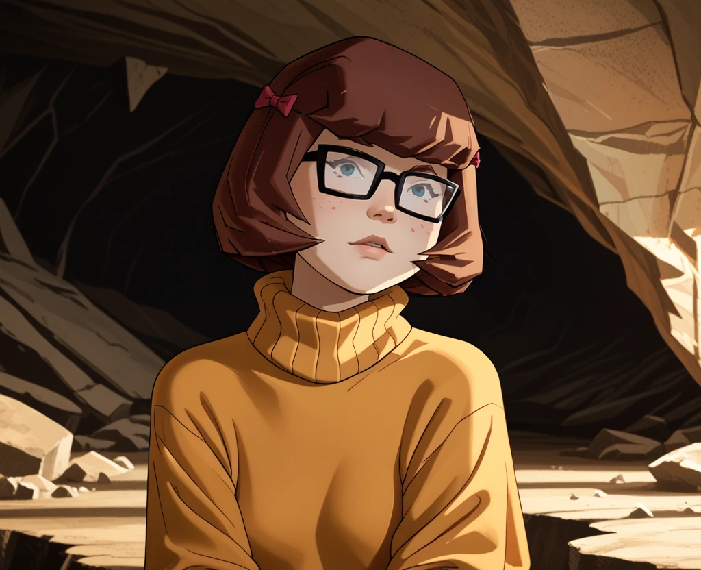 score_9, score_8_up, score_7_up, score_6_up, velma-dinkley, 1girl, glasses, solo, short hair, turtleneck, sweater, brown hair, blush stickers, bow, hair bow, shirt, green shirt, cave interior, crystals, stalagmites, stalactites, cave
 <lora:Expressive_H:.5> <lora:Recreational_Vehicle_Interior_BG:1> <lora:ponyxl-deep_penetration-concept-v01-000005:.5>  <lora:Mystery_Incorporated_Velma_Dinkley:1>