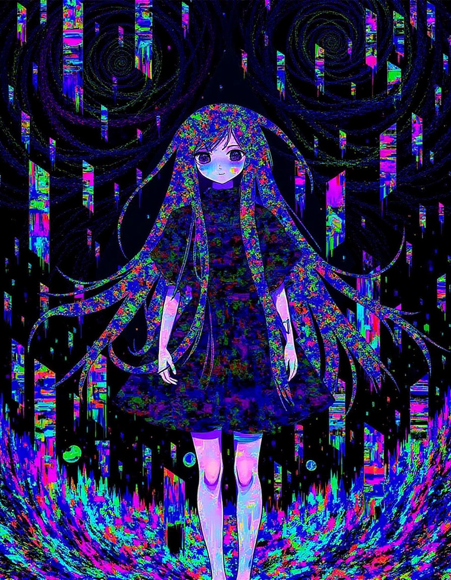 A digital landscape where a lone anime character stands amidst a sea of glitching, neon lights, their figure fragmented and distorted by cascading pixels. The background is filled with swirling colors and chaotic noise, creating a disorienting and surreal environment. The character's expression is one of calm amidst the digital storm, embodying the chaos and beauty of the breakcore style, breakcore anime <lora:ishin_breakcore_anime_v1_flux:1>